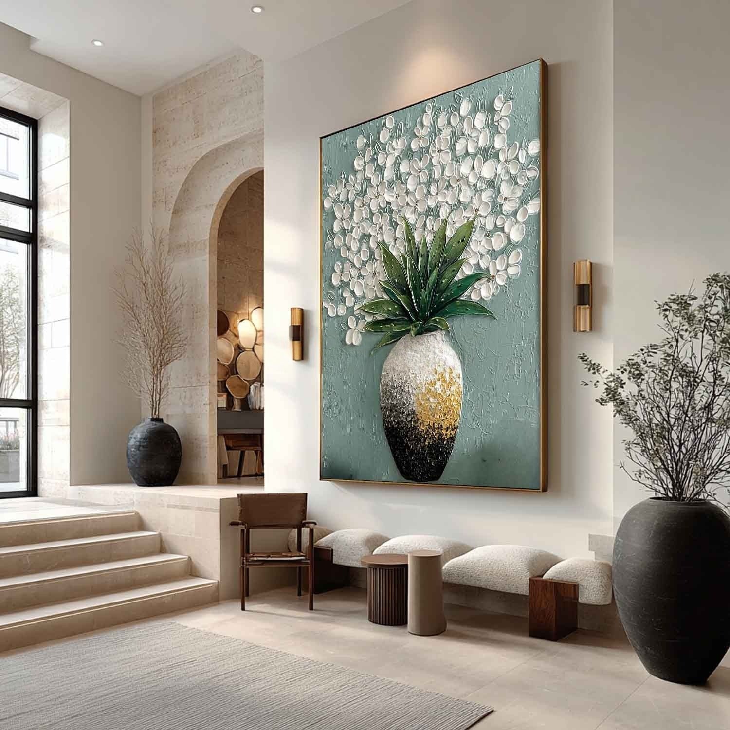 White Blossoms Ombre Vase Impasto Painting