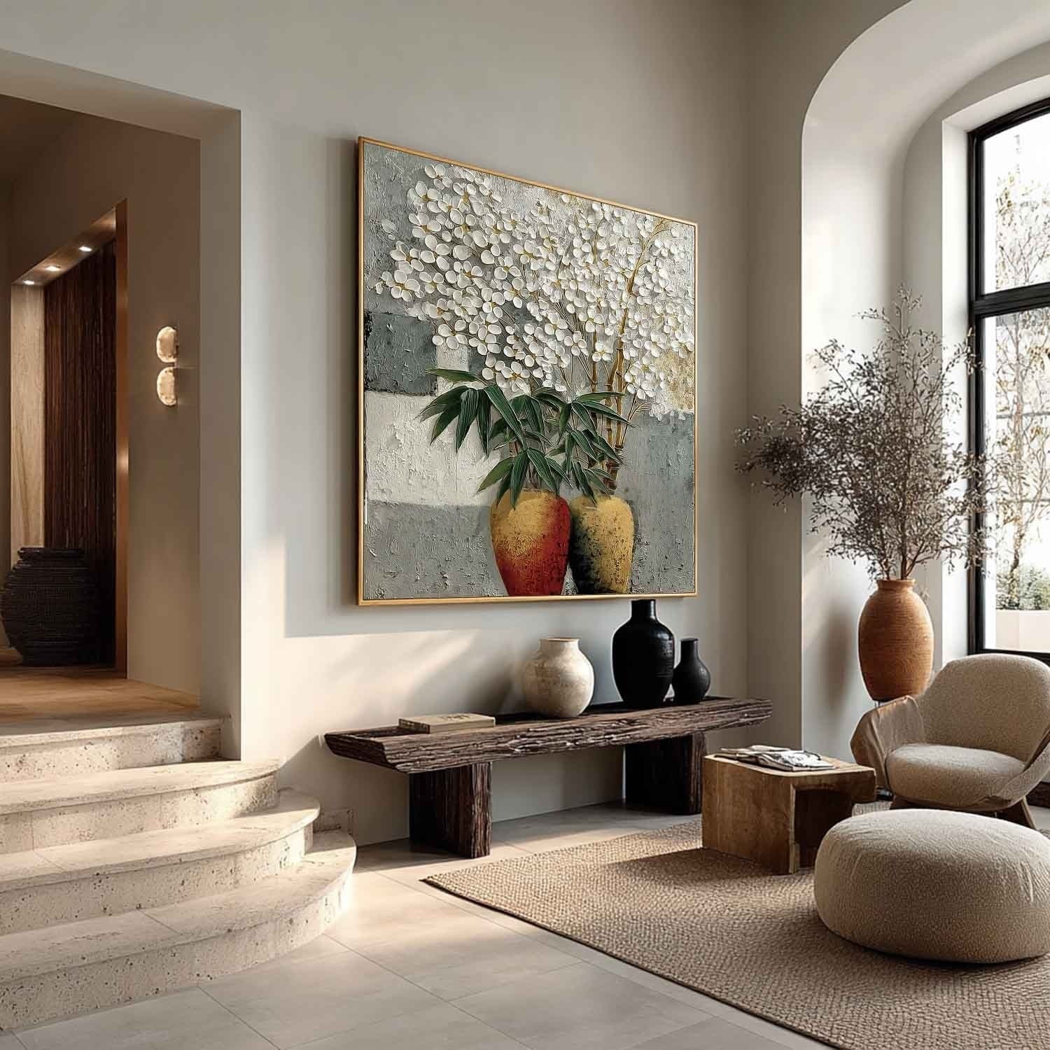 White Blossoms Gold Vases Impasto Painting