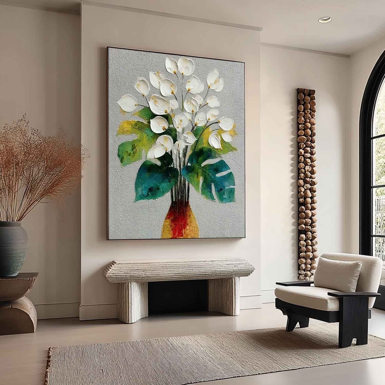 White Calla Lily Monstera Impasto Painting