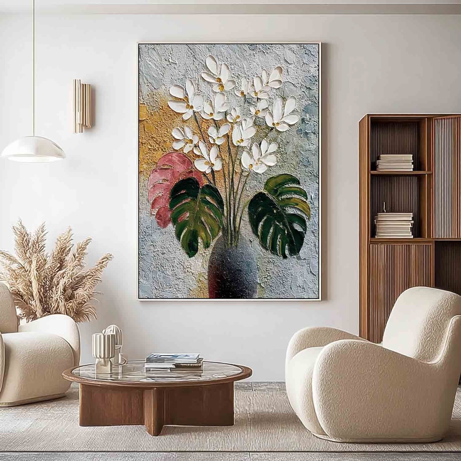 White Blossoms Monstera Impasto Painting