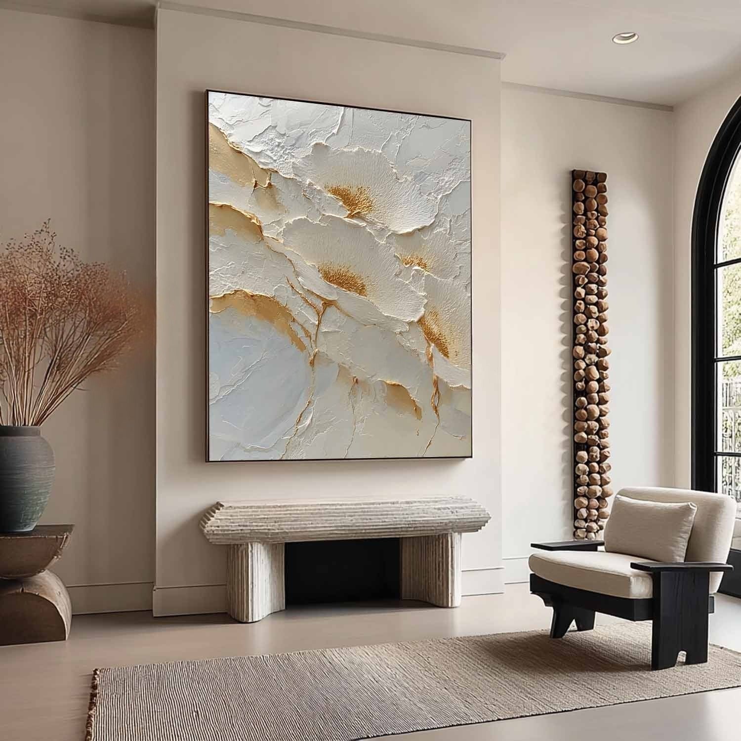 Wall Art Abstract Floral White Gold Palette
