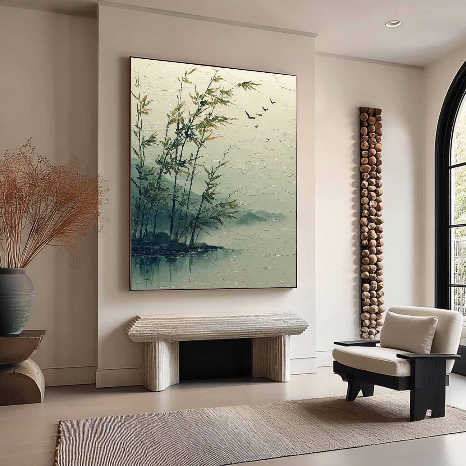 Misty Lakeside Bamboo 3D Impasto Painting