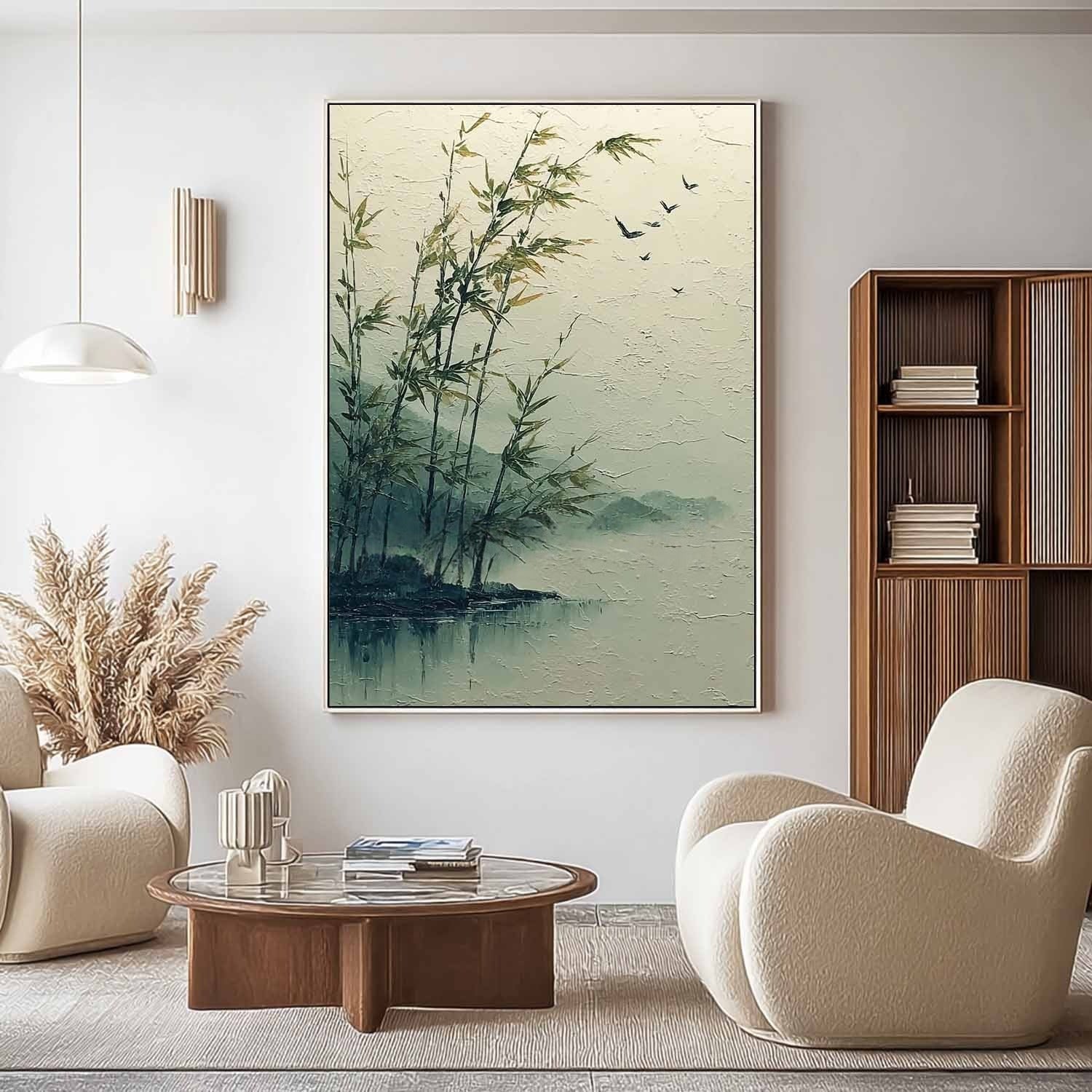 Misty Lakeside Bamboo 3D Impasto Painting
