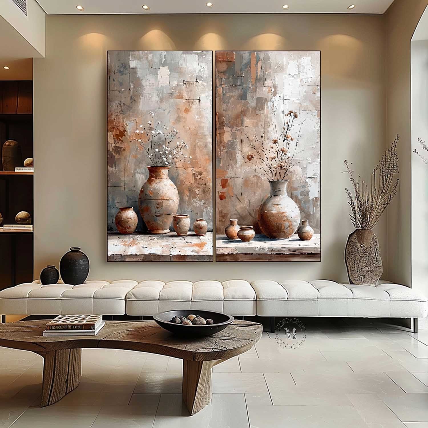 Panoramic 2-Piece Textured Ceramic Vase Still Life Painting