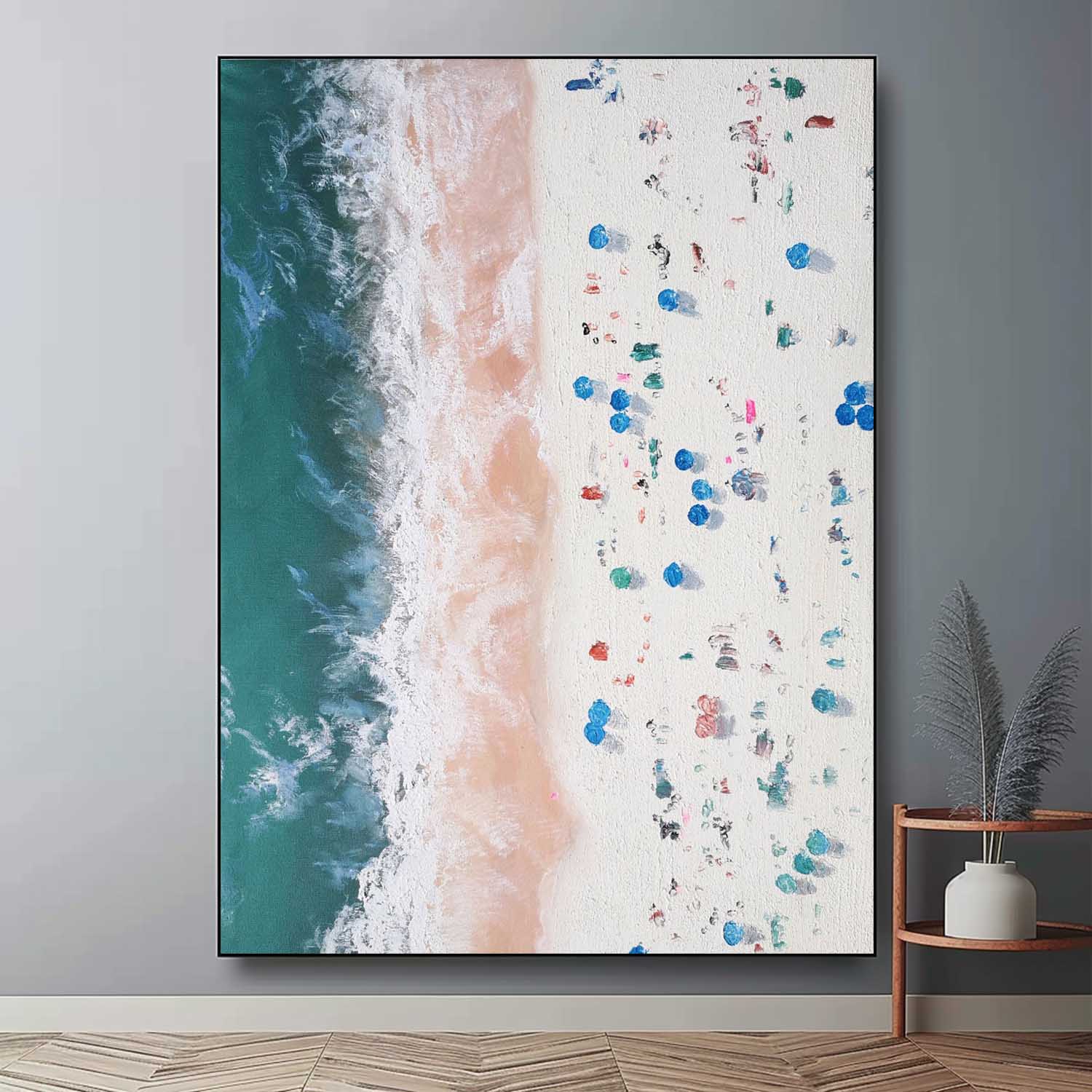 Vertical Aerial Beach Crowd Impasto Painting