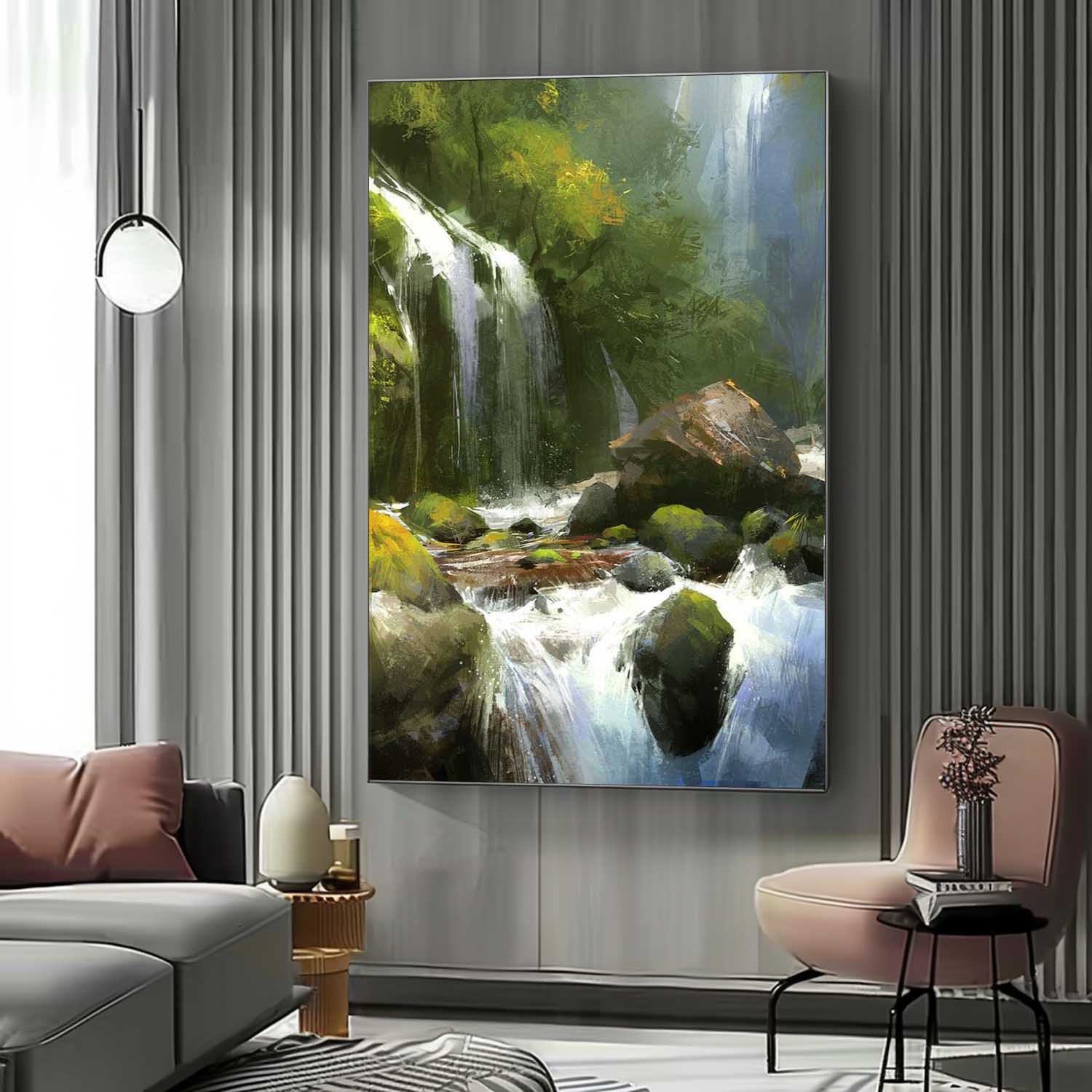 Wall Art Vertical Impressionist Waterfall Landscape Lush
