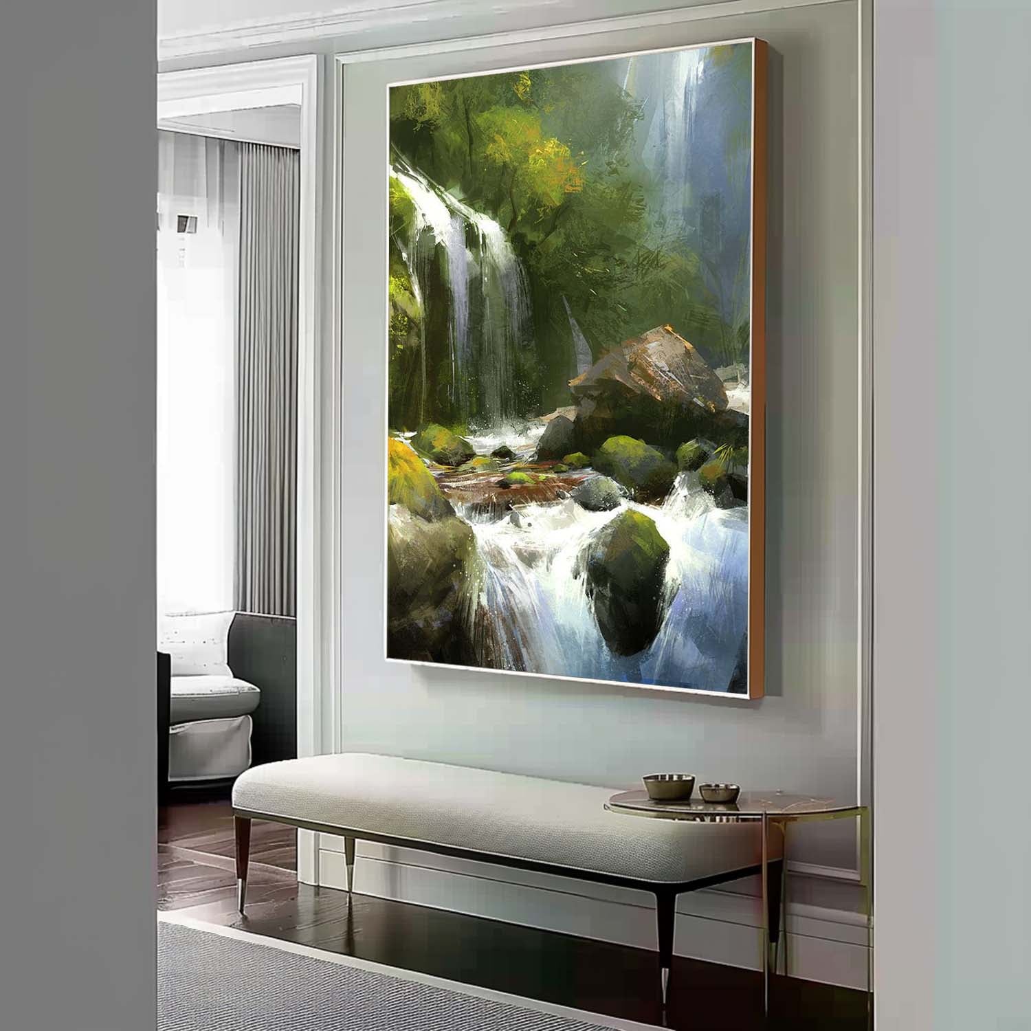 Wall Art Vertical Impressionist Waterfall Landscape Lush