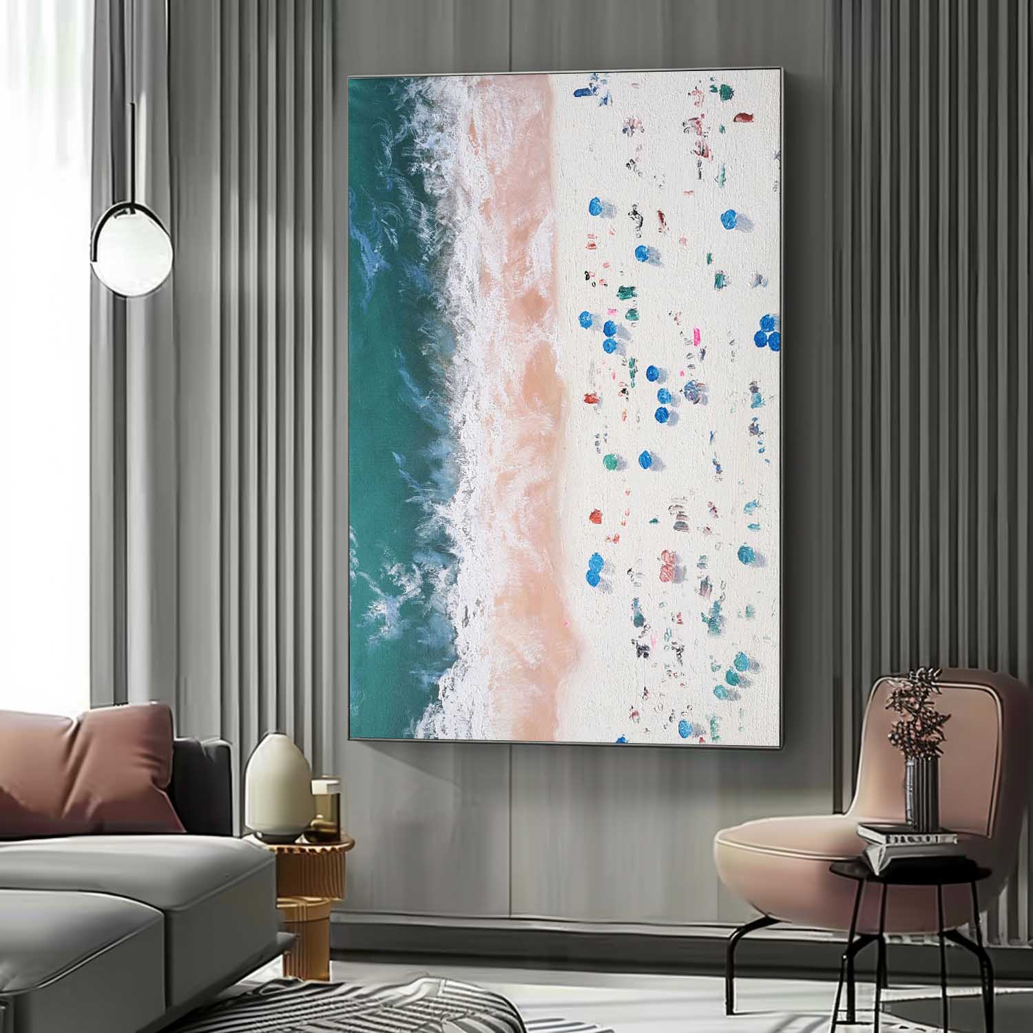 Vertical Aerial Beach Crowd Impasto Painting