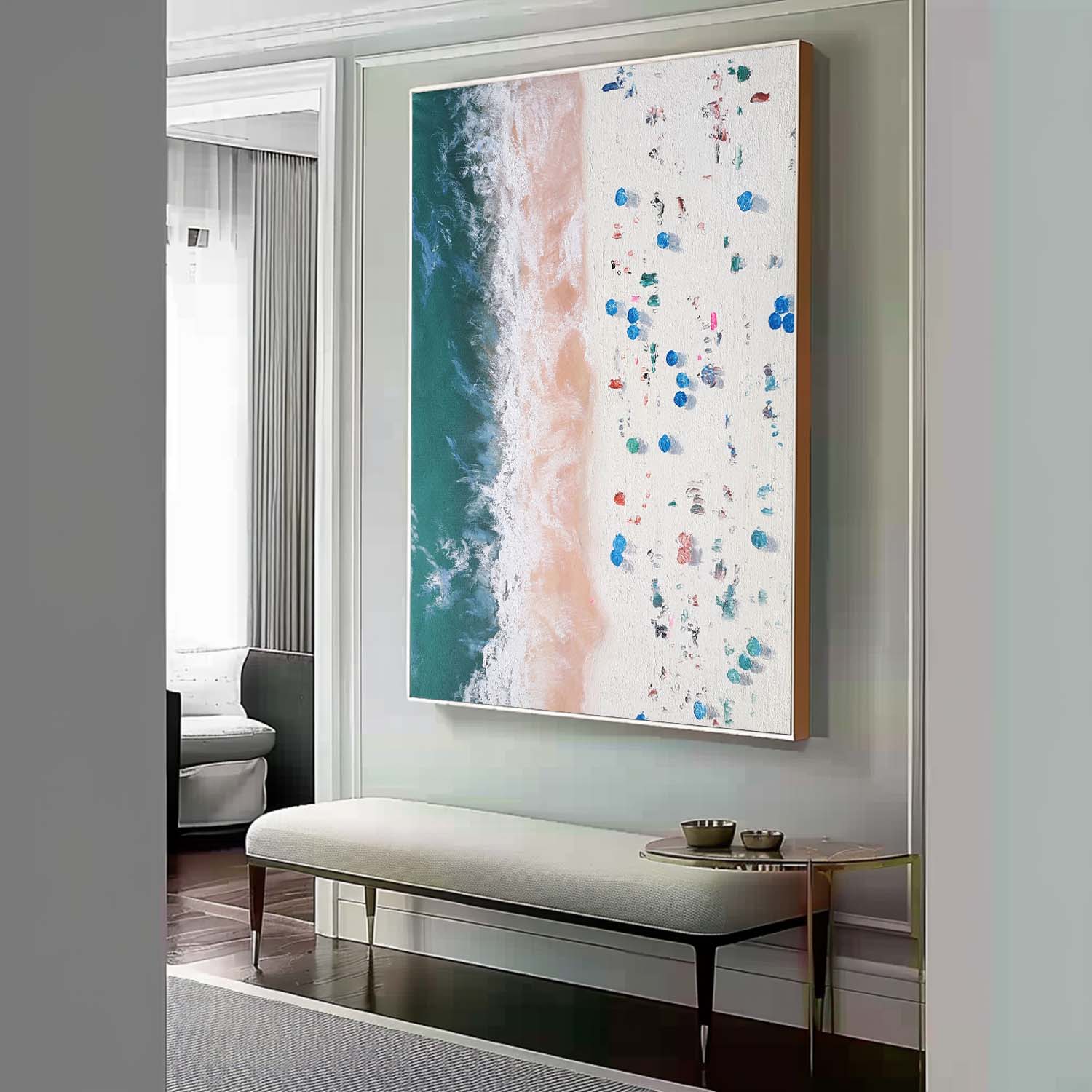 Vertical Aerial Beach Crowd Impasto Painting