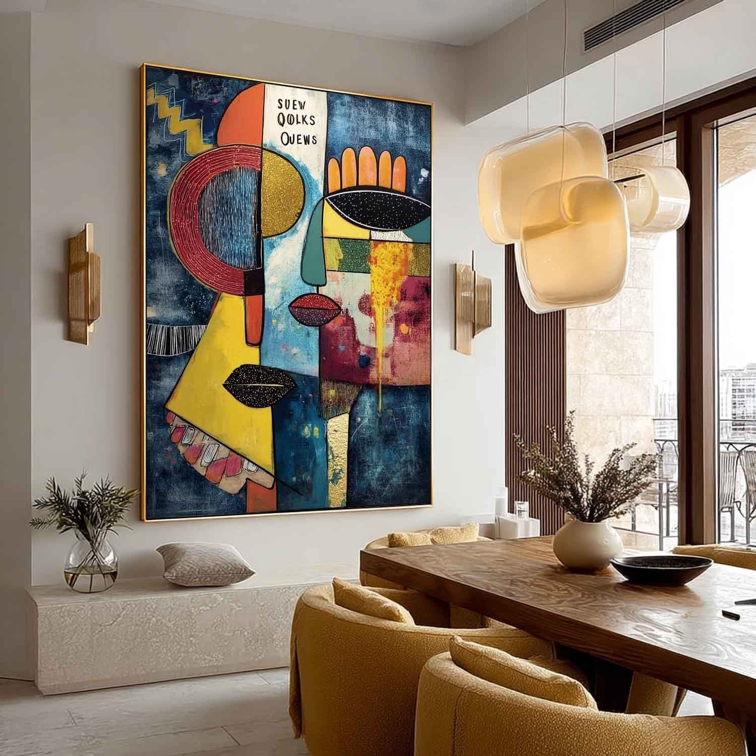 Wall Art Vertical Cubist Abstract Face Scene Vibrant