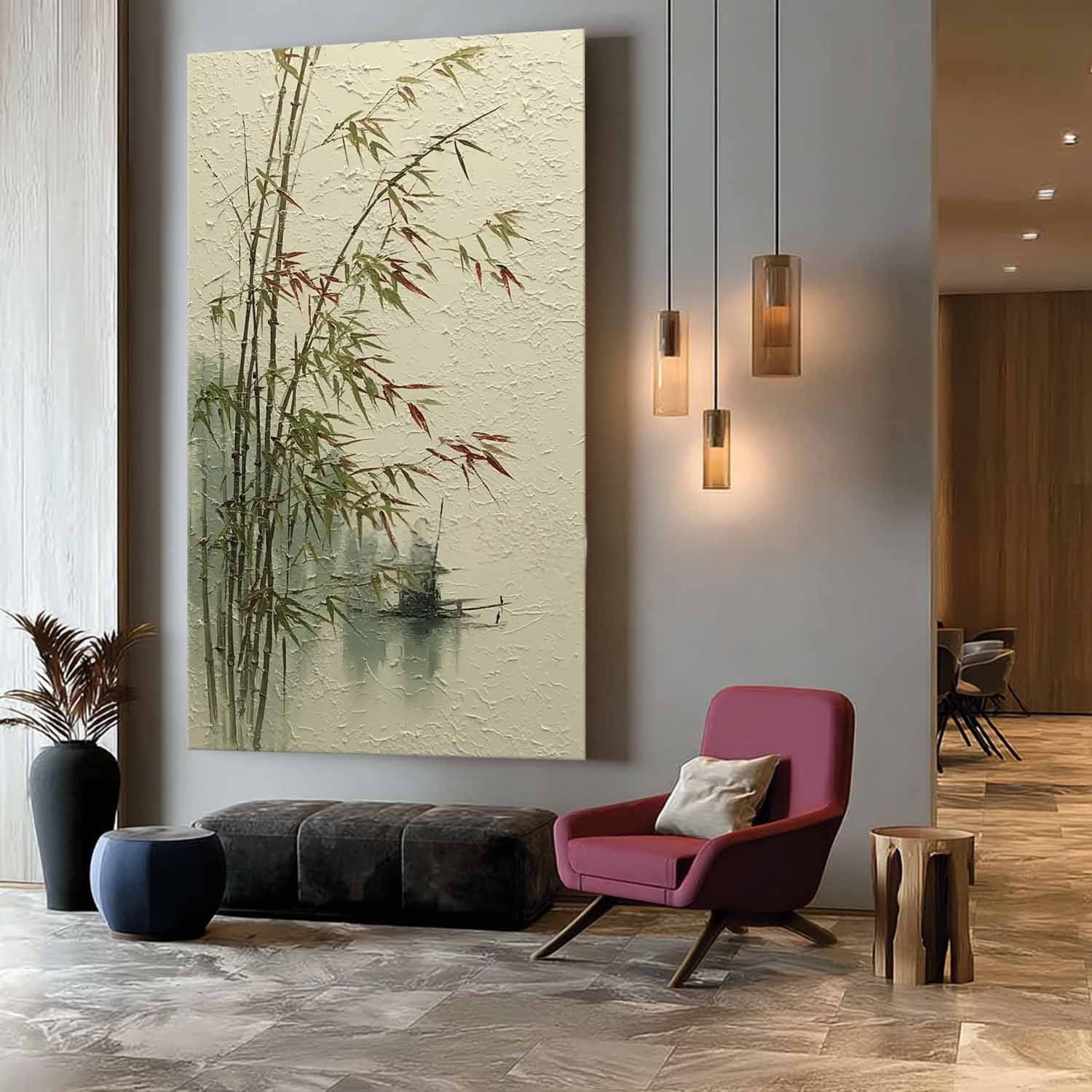 Bamboo & Fishing Boat 3D Impasto Painting