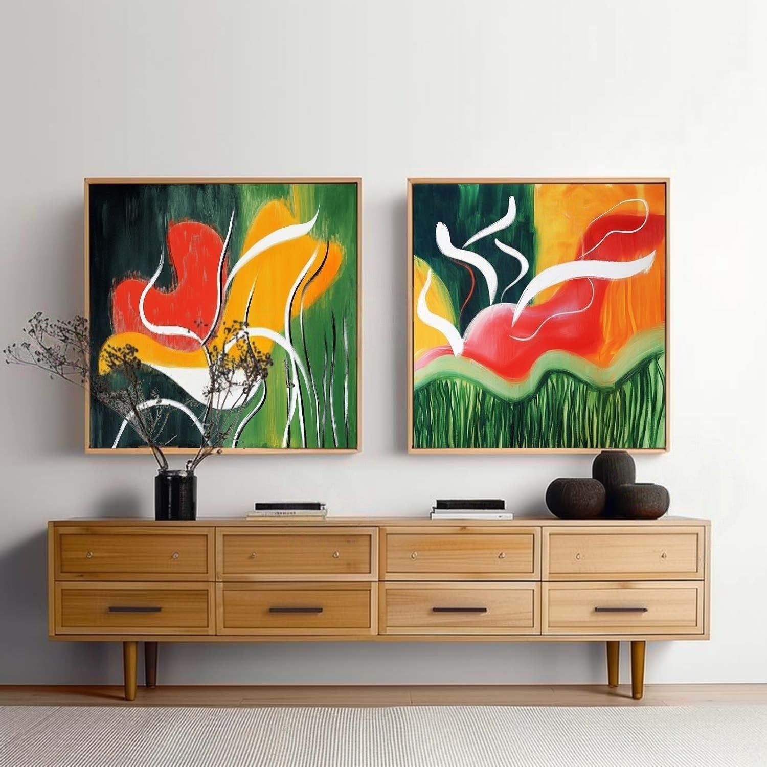 Wall Art Vibrant Abstract Floral Diptych