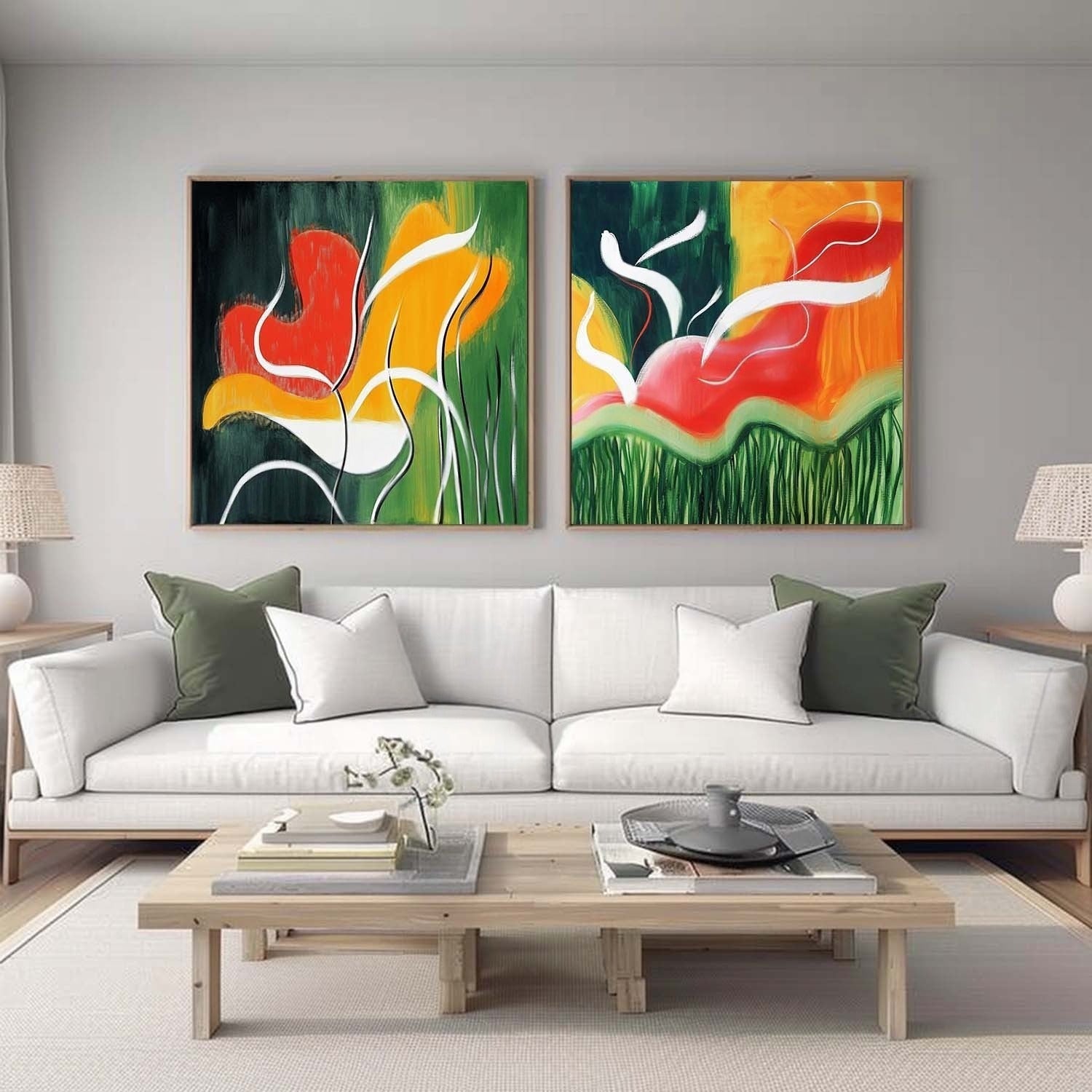 Wall Art Vibrant Abstract Floral Diptych