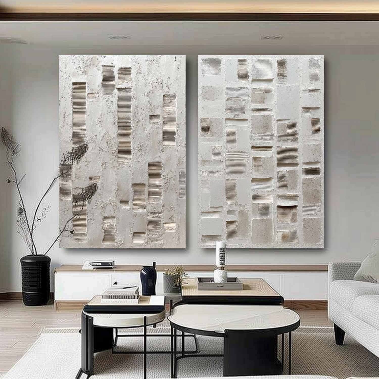Wall Art Diptych Textured Abstract Geometric Scene Serene Neutral