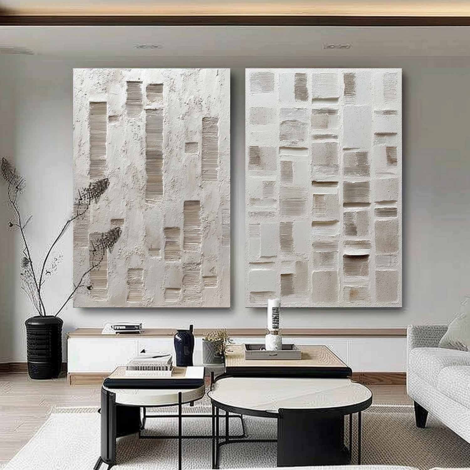 Wall Art Diptych Textured Abstract Geometric Scene Serene Neutral