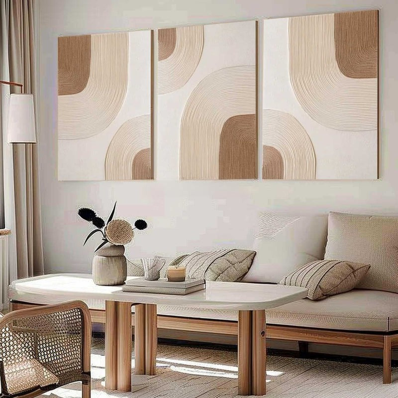 Beige Geometric Triptych Minimalist Painting