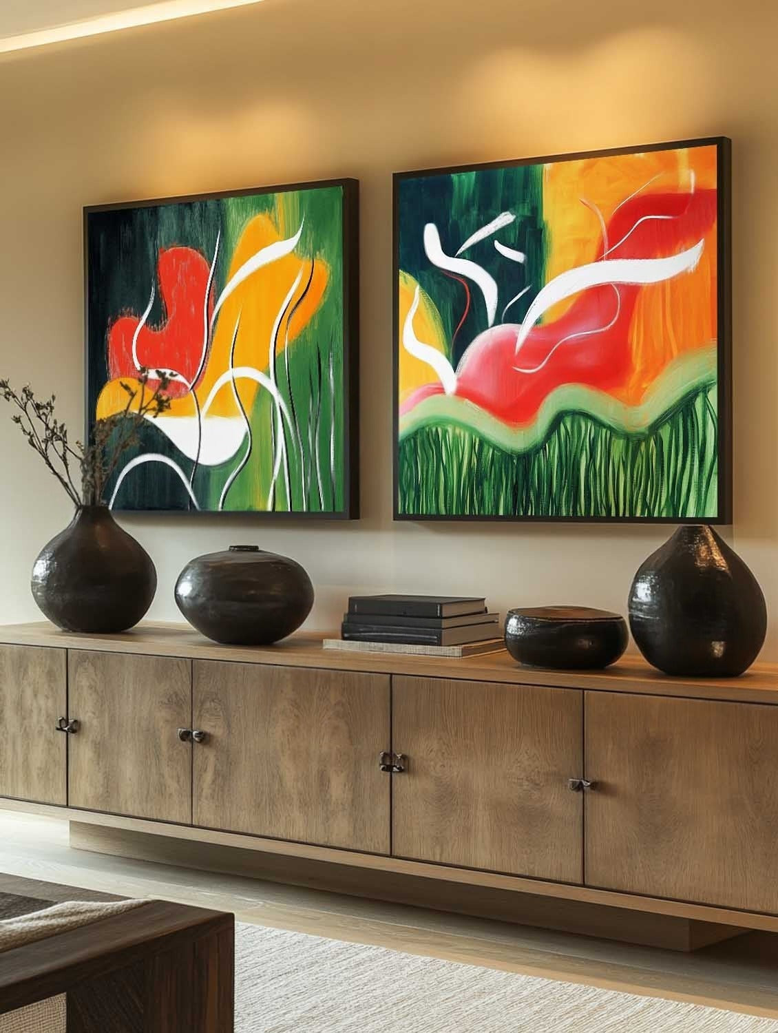 Wall Art Vibrant Abstract Floral Diptych