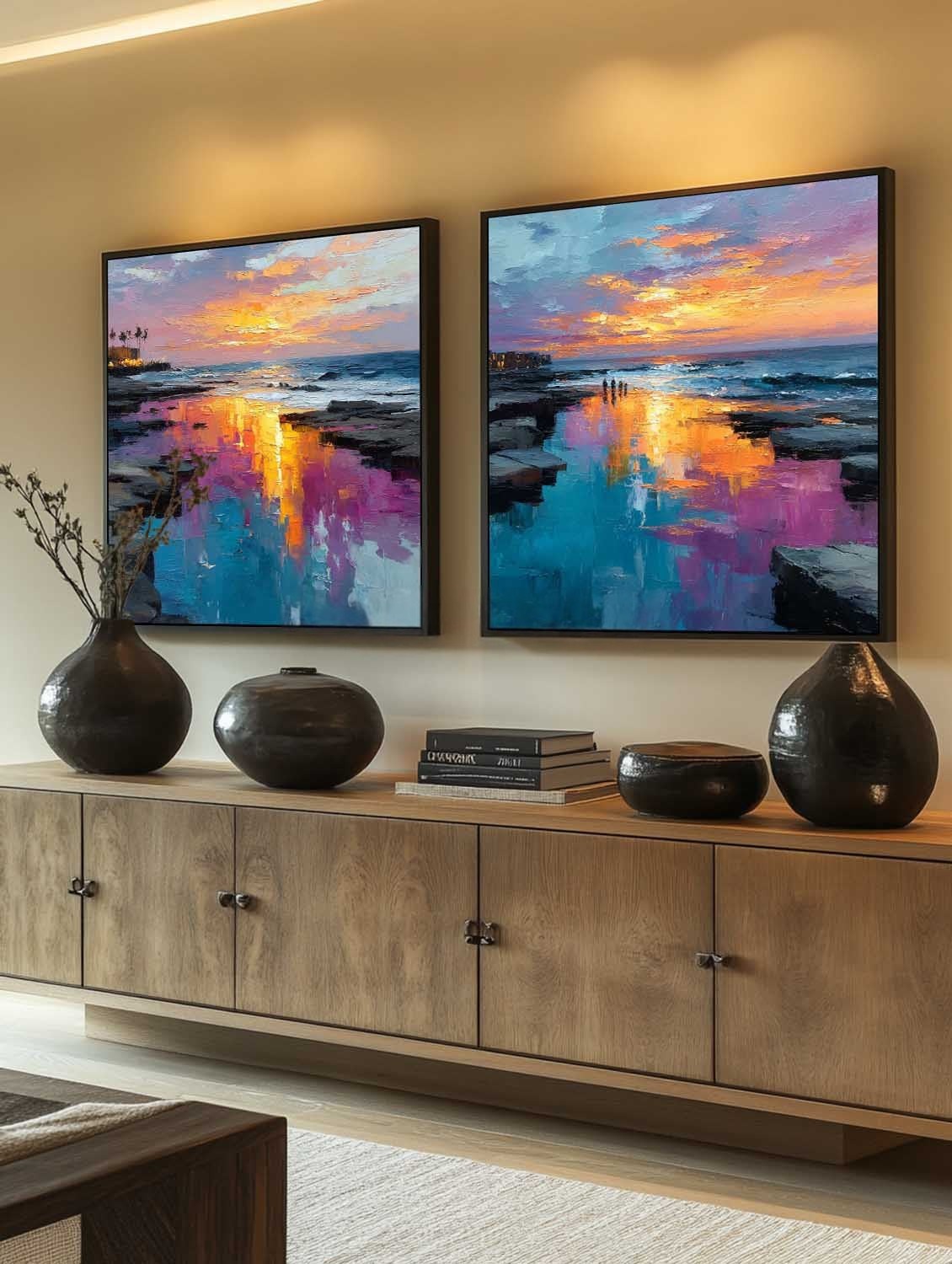 Coastal Sunset Diptych Impasto Painting