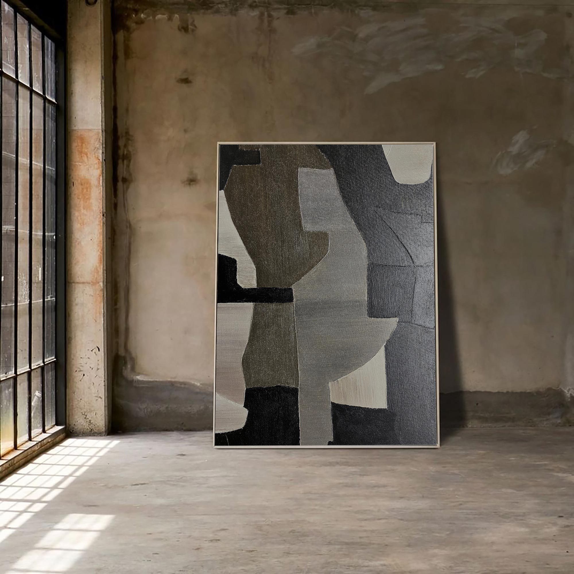 Contemporary Abstract Black Grey Beige Geometric Minimalist Painting