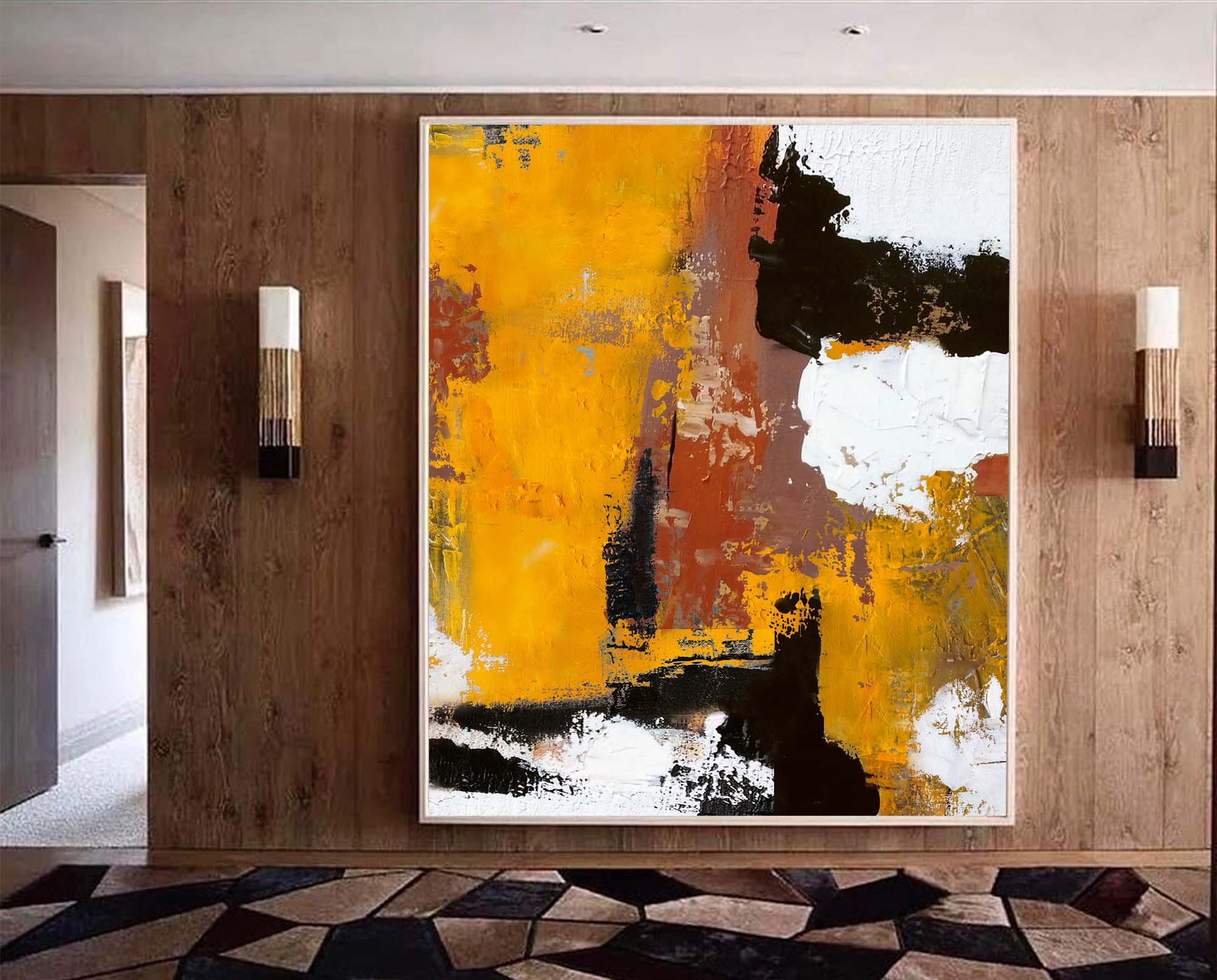 Ochre Black White Textured Abstract Wall Art
