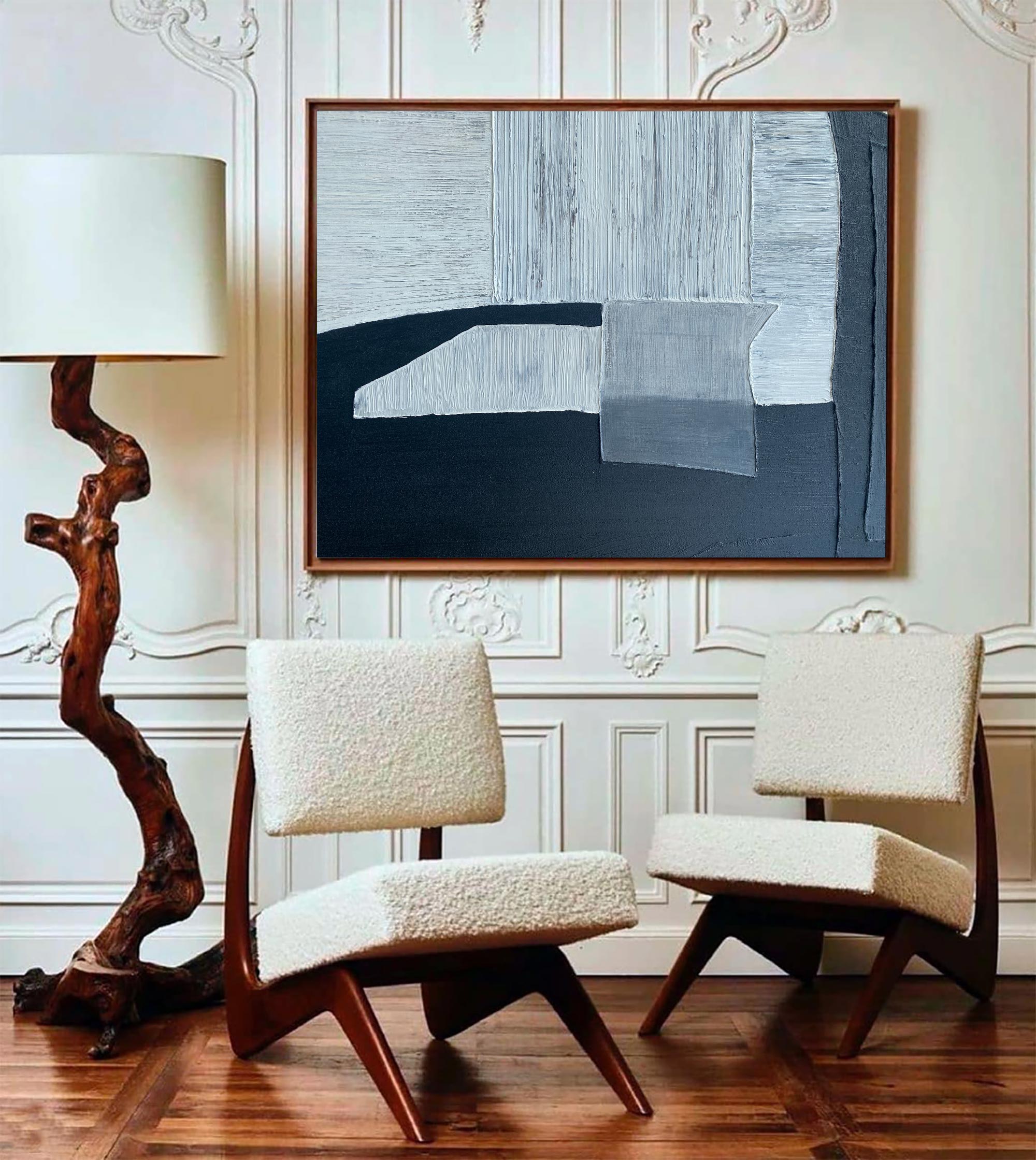 Navy‑Blue‑Grey Horizontal Block‑Shape Impasto‑Textured Artwork