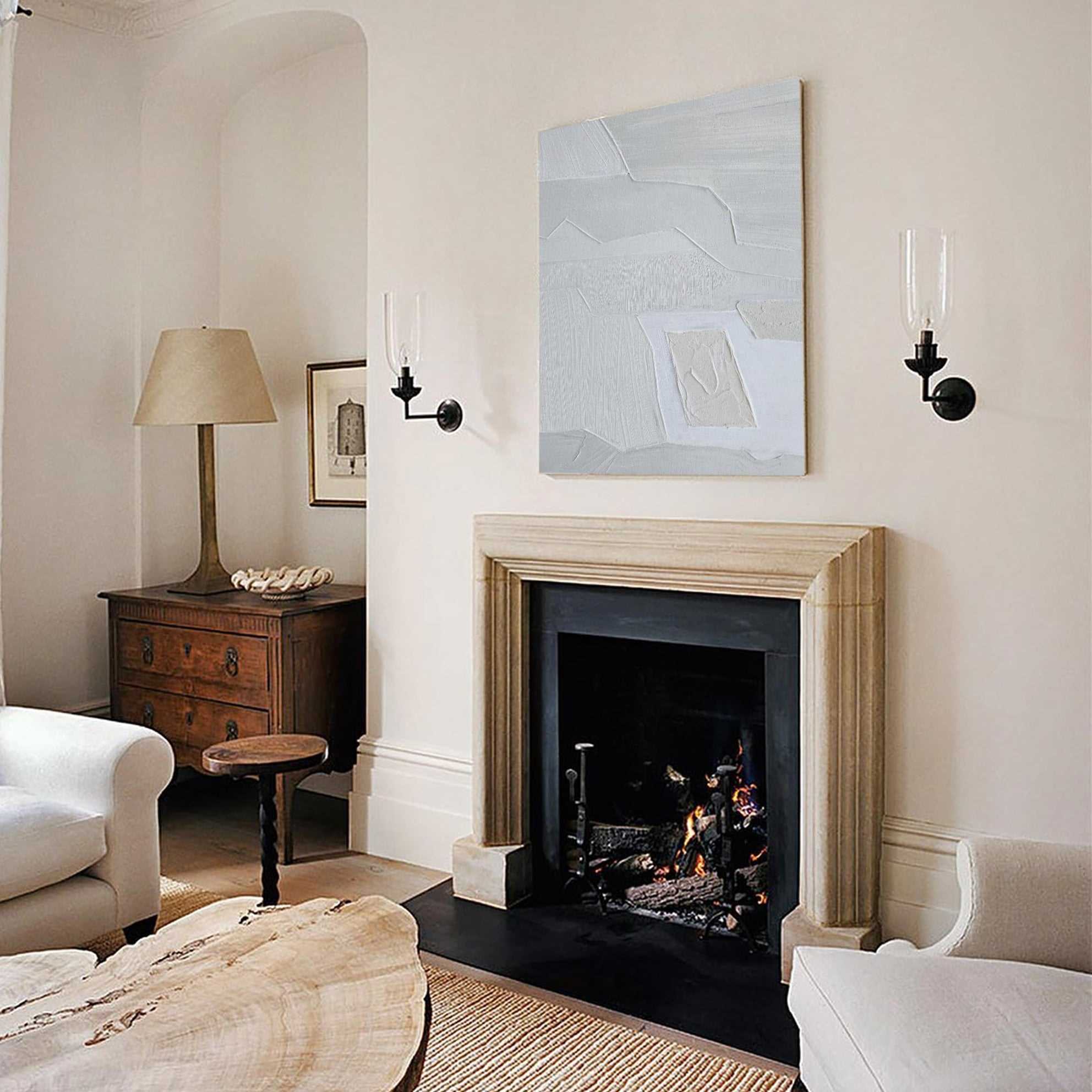 Light‑Grey‑Beige Vertical Geometric‑Patch Impasto‑Textured Artwork