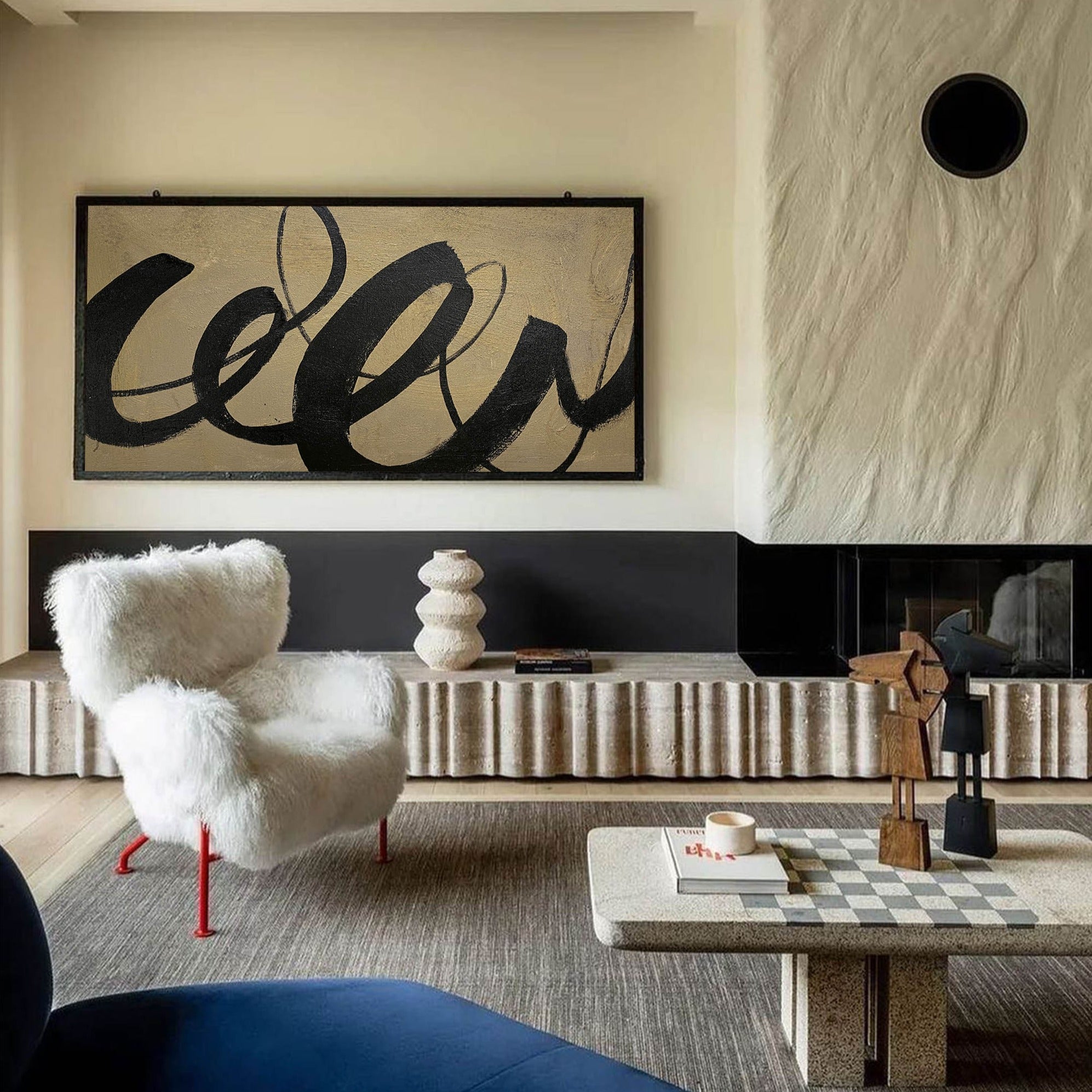 Gestural Calligraphic Abstract Unstretched Linen Canvas Wall Decoration