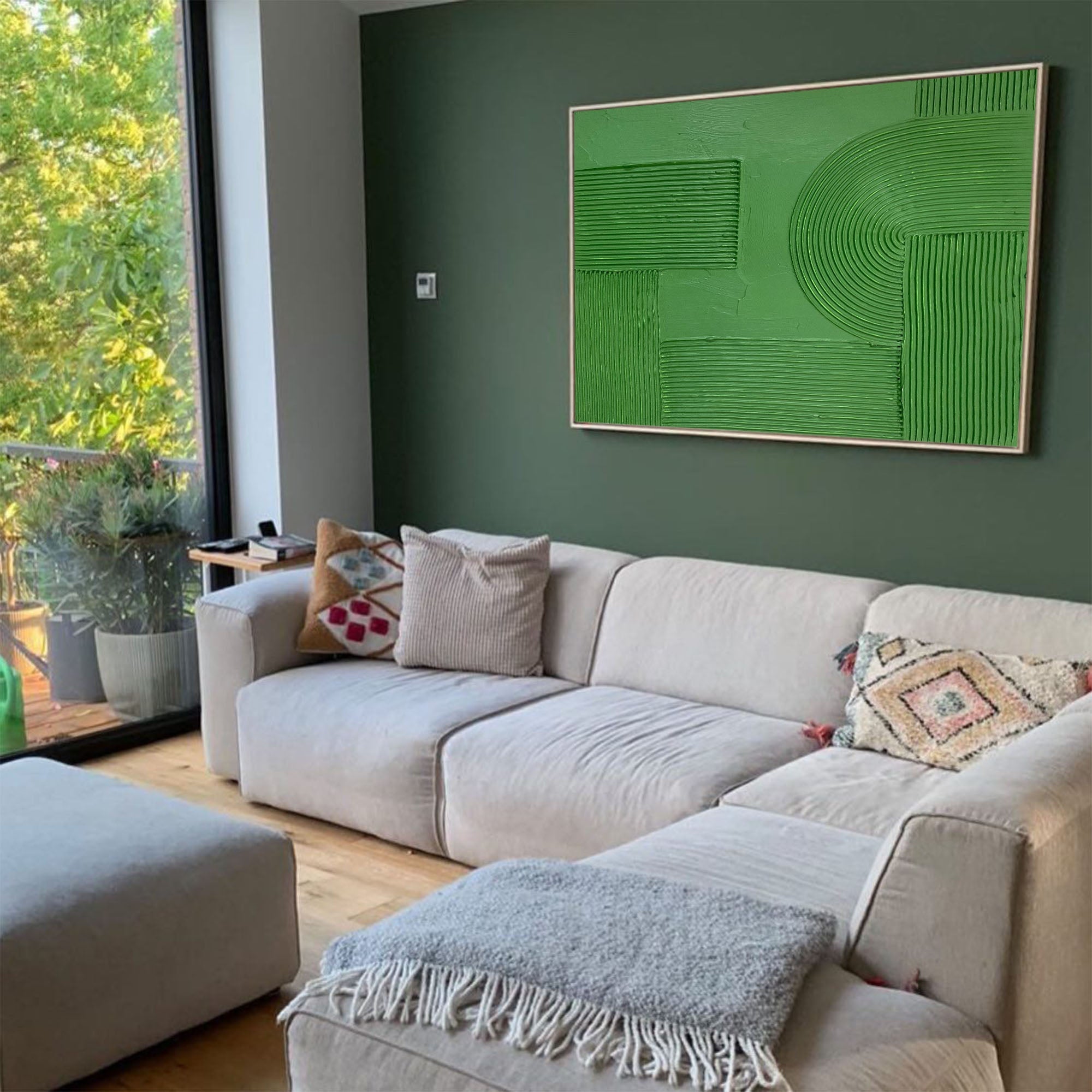 Solid‑Green Geometric Abstract Ridged Heavy Textured Artwork
