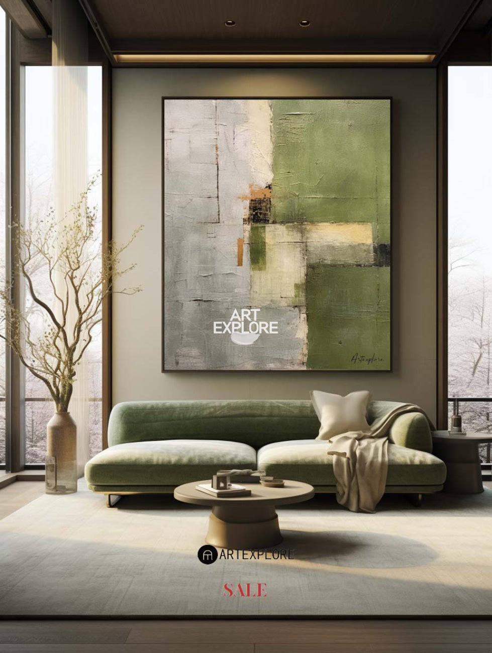 Olive Green Beige Abstract Geometric Textured Wall Art