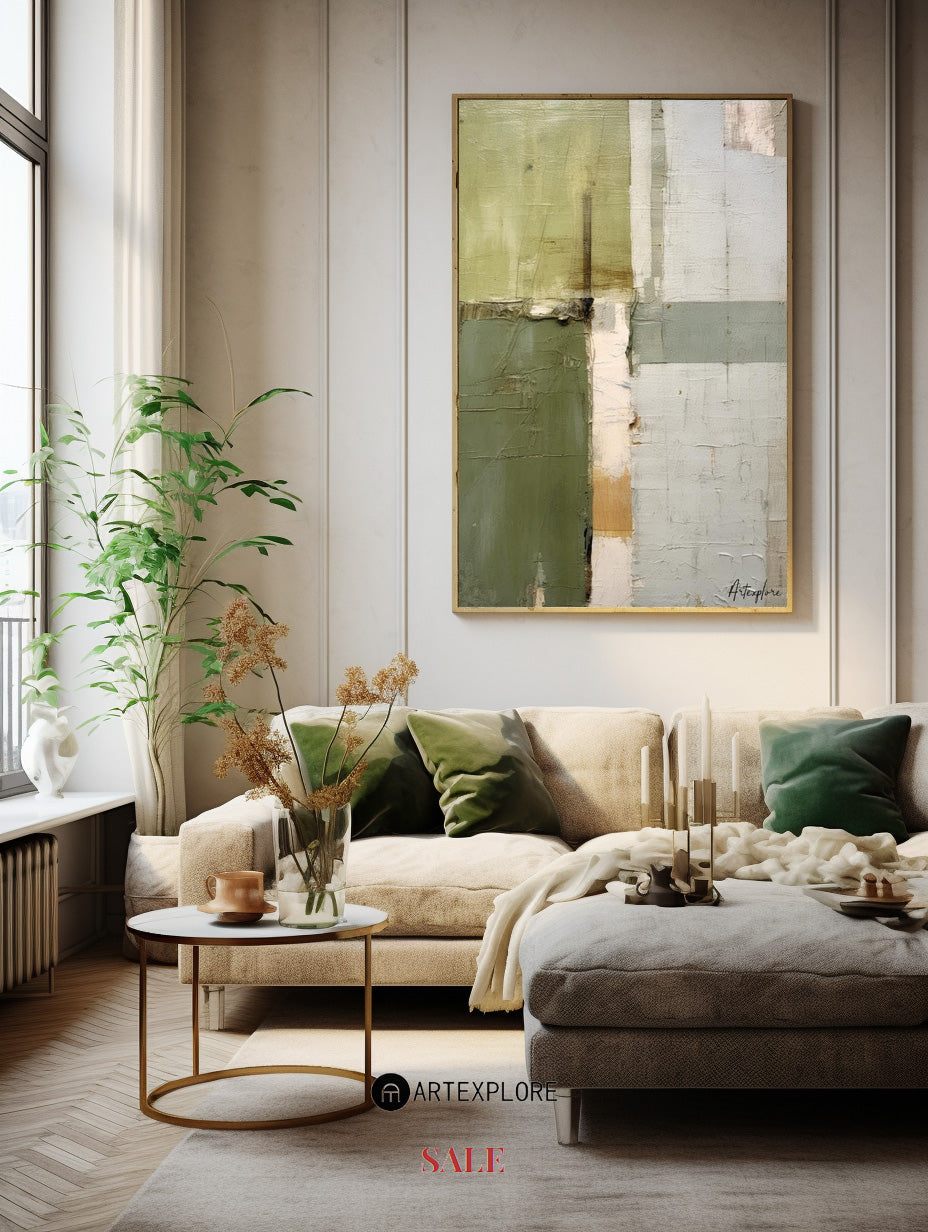 Wall Art Olive Green Blocks Minimalist Textured Canvas Living Room | Neutralighting