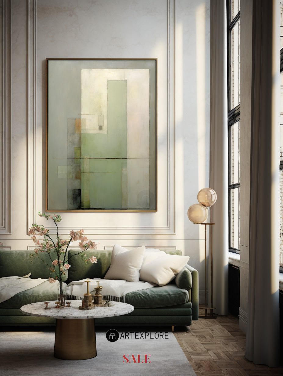 Sage‑Green‑Beige Block‑Geometric Abstract Subtle Layered‑Texture Artwork