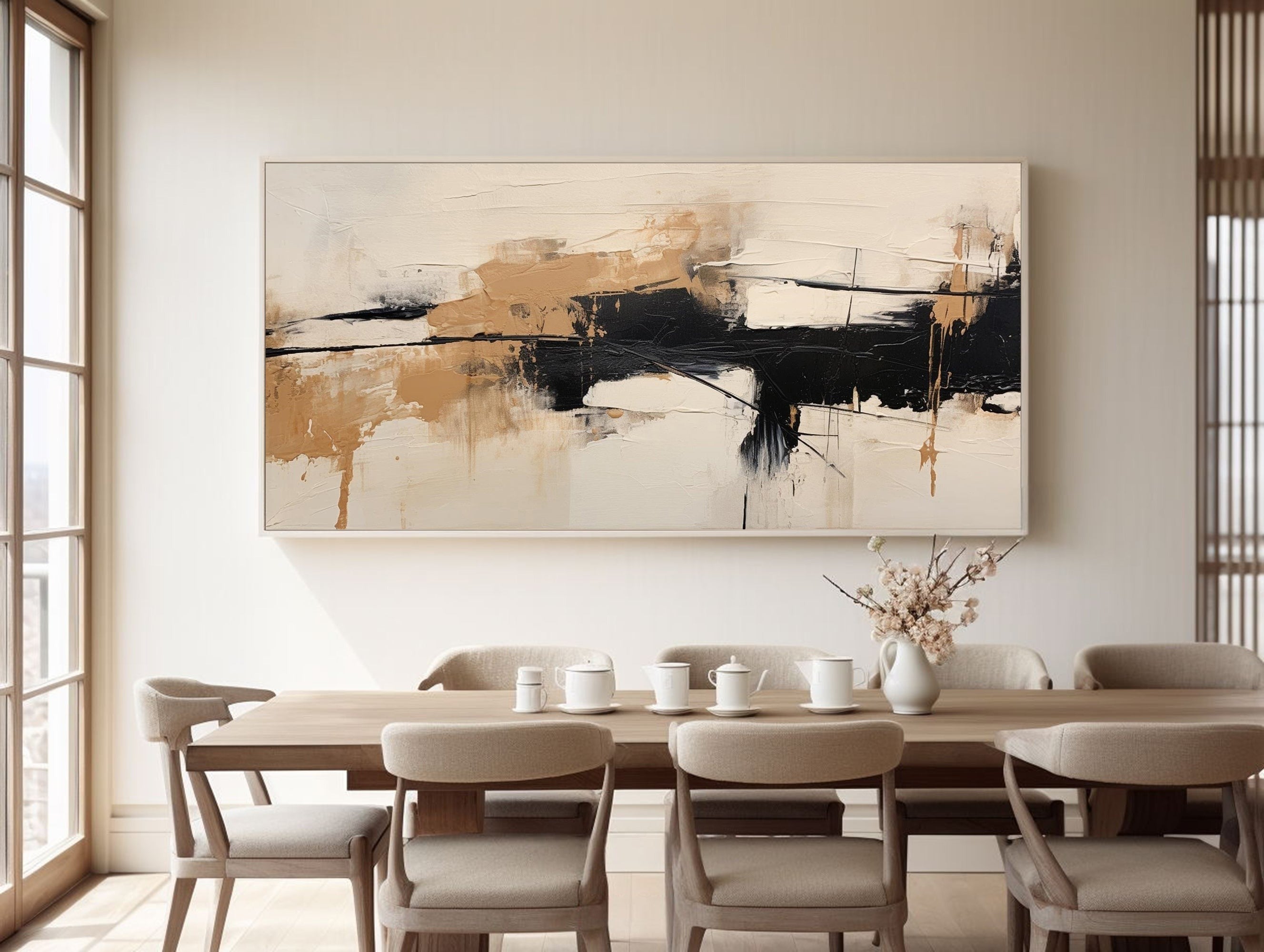 Warm Beige Black Abstract Canvas Wall Art