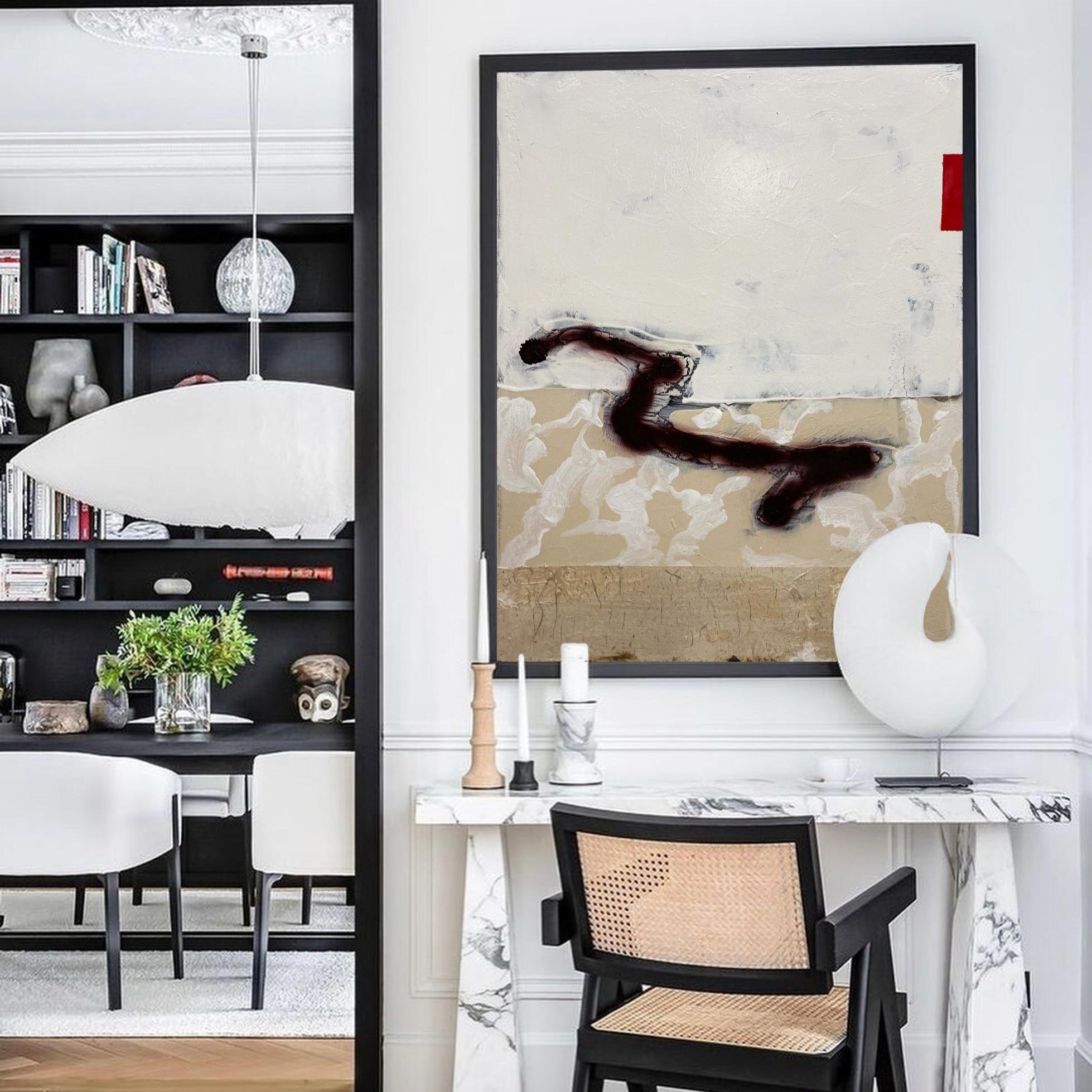 Abstract Beige Black Red Brush Stroke Oil Painting