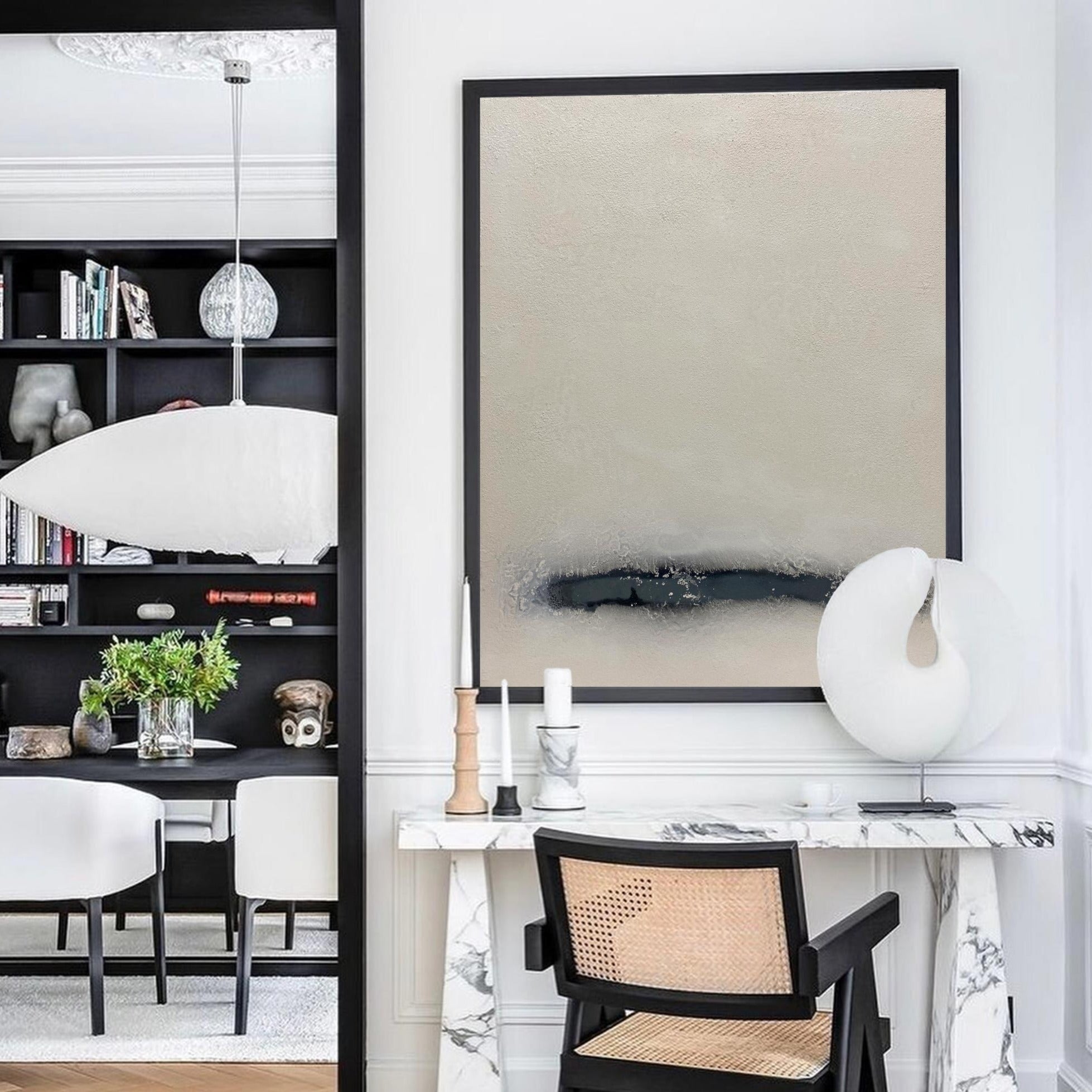 Beige‑Charcoal Vertical Streak‑Band Impasto‑Textured Artwork