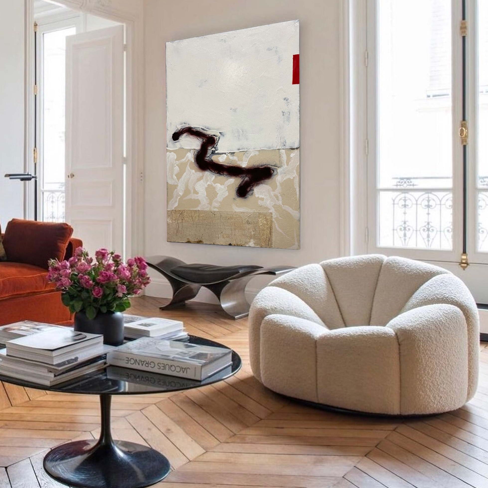 Abstract Beige Black Red Brush Stroke Oil Painting