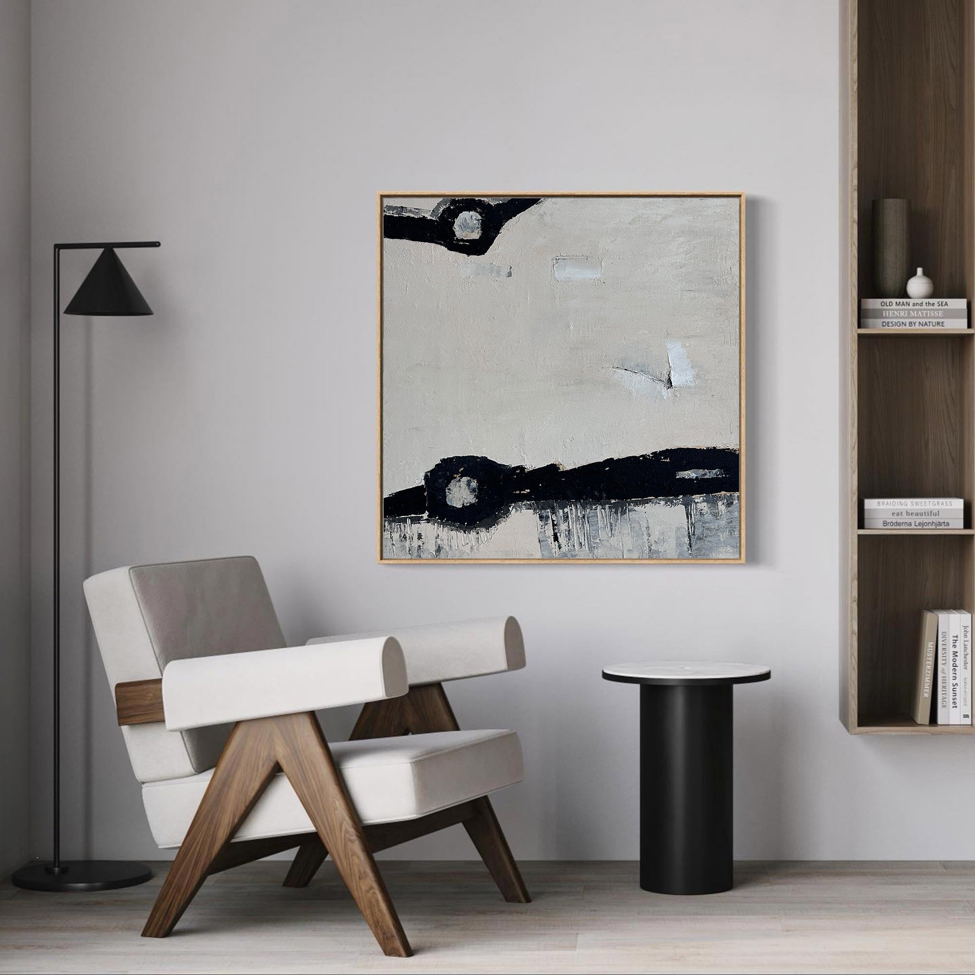 Beige‑Black Square Minimal‑Mark Impasto‑Textured Artwork