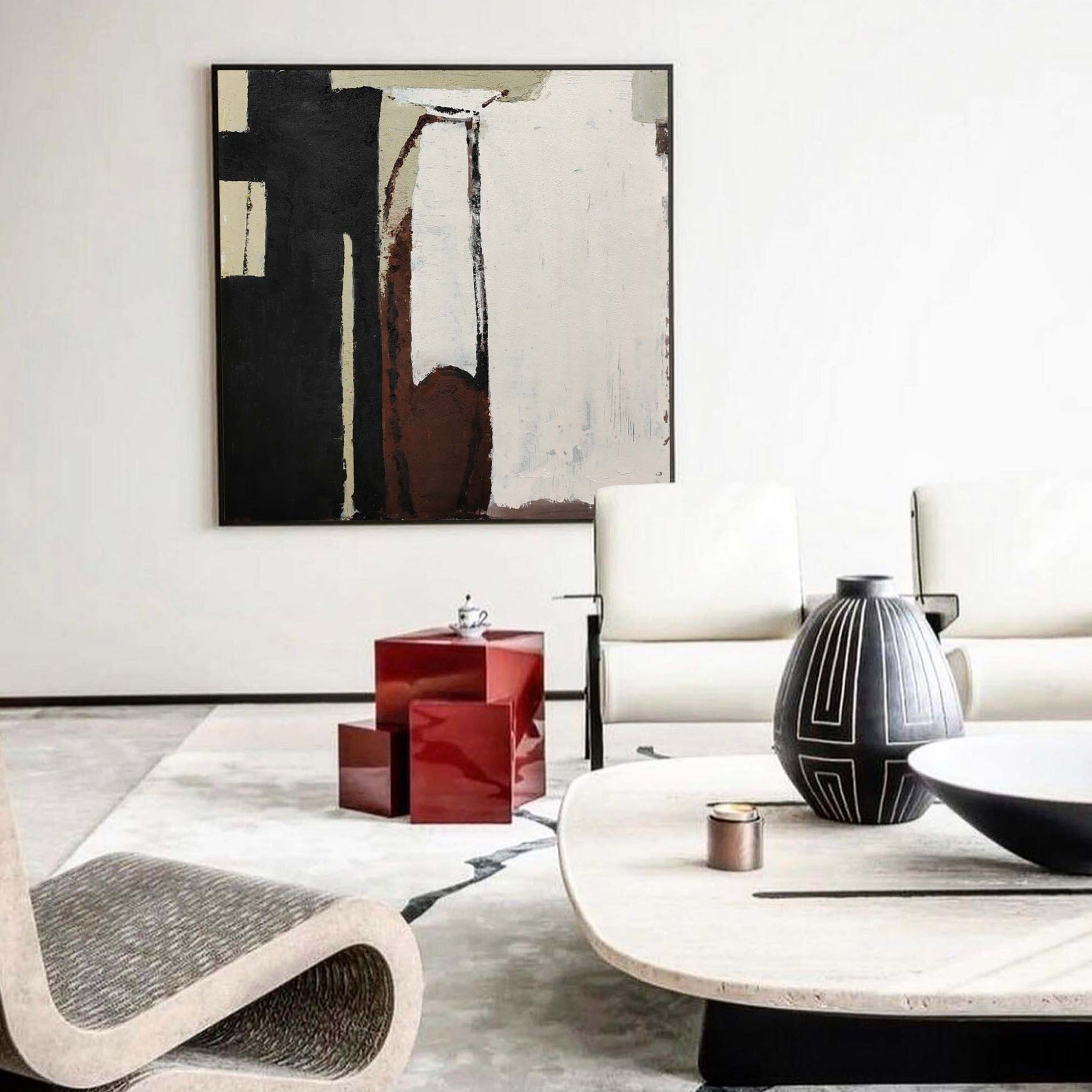 Neutral‑Tone Geometric Abstract Hand‑Painted Rough Textured Artwork