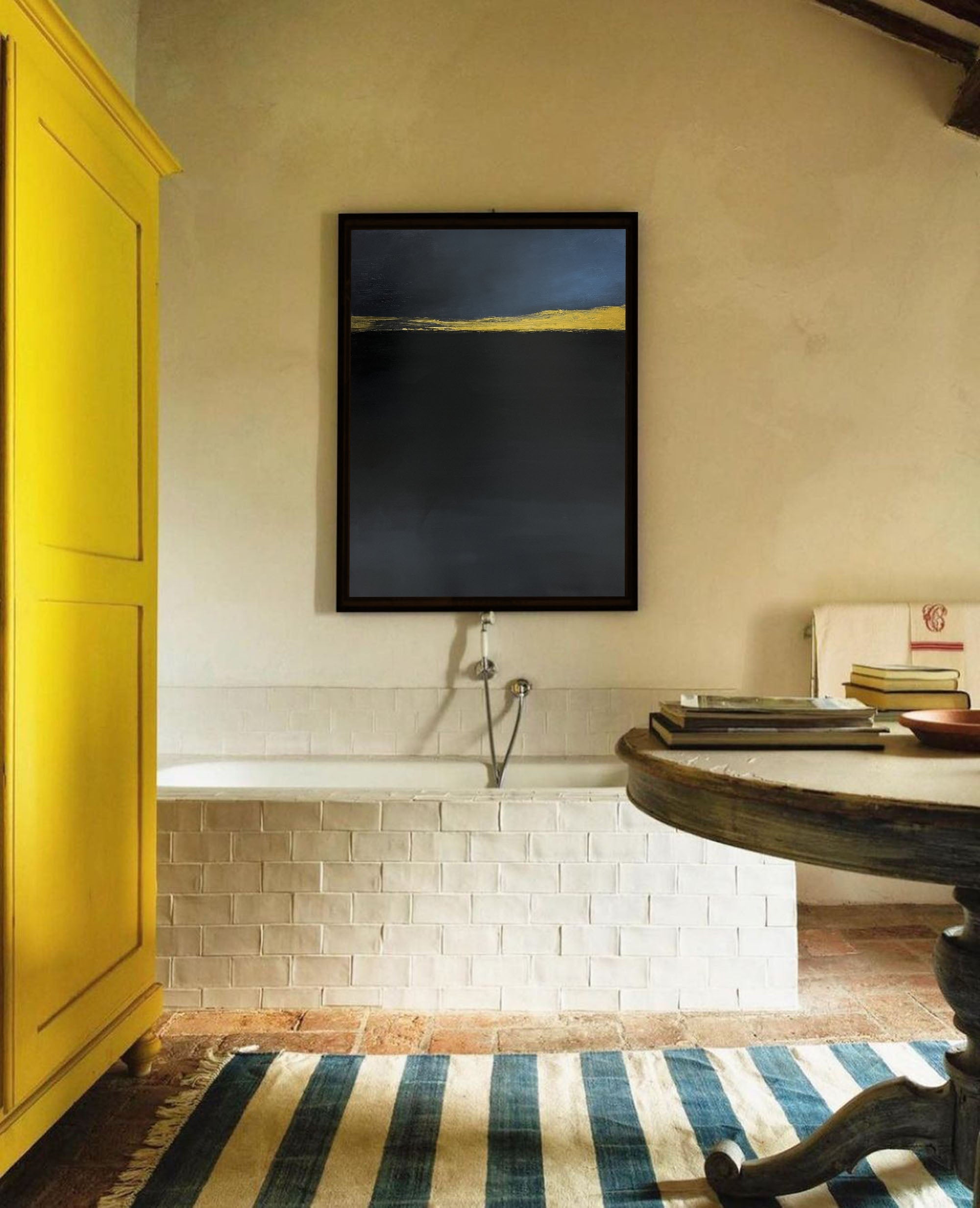 Modern Black Gold Yellow Abstract Linen Art