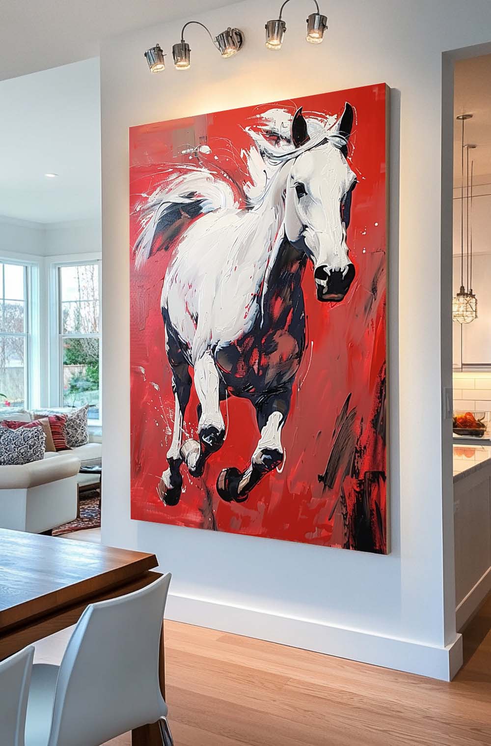 Dynamic White Horse Oil Painting Fiery Red