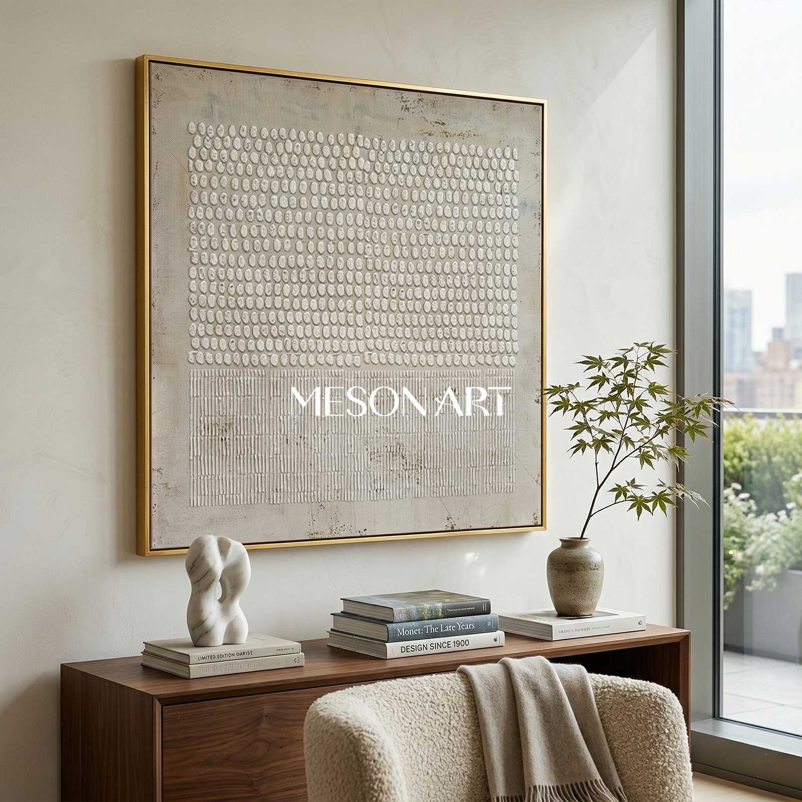 Minimalist 3D Textured Grid Painting Neutral Wall Art