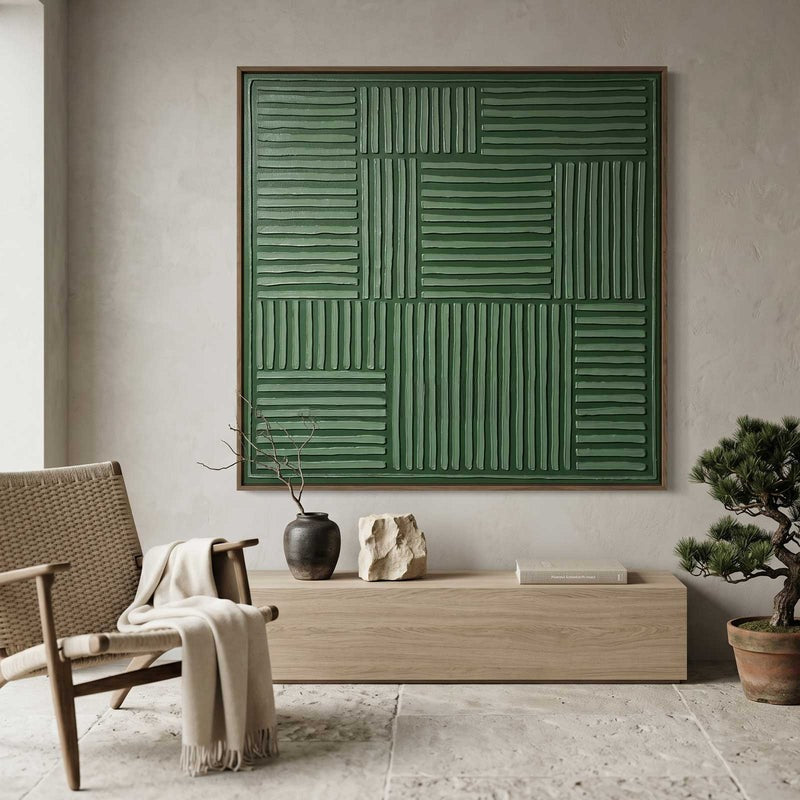 Wall Art Dark Green Linear Grid Texture Painting