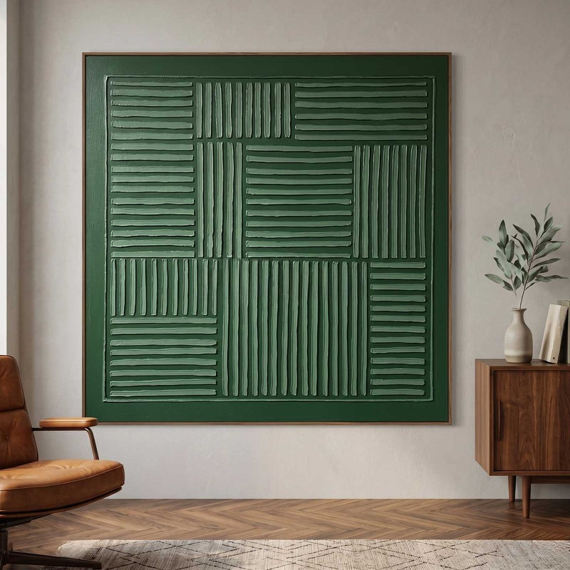 Wall Art Dark Green Linear Grid Texture Painting