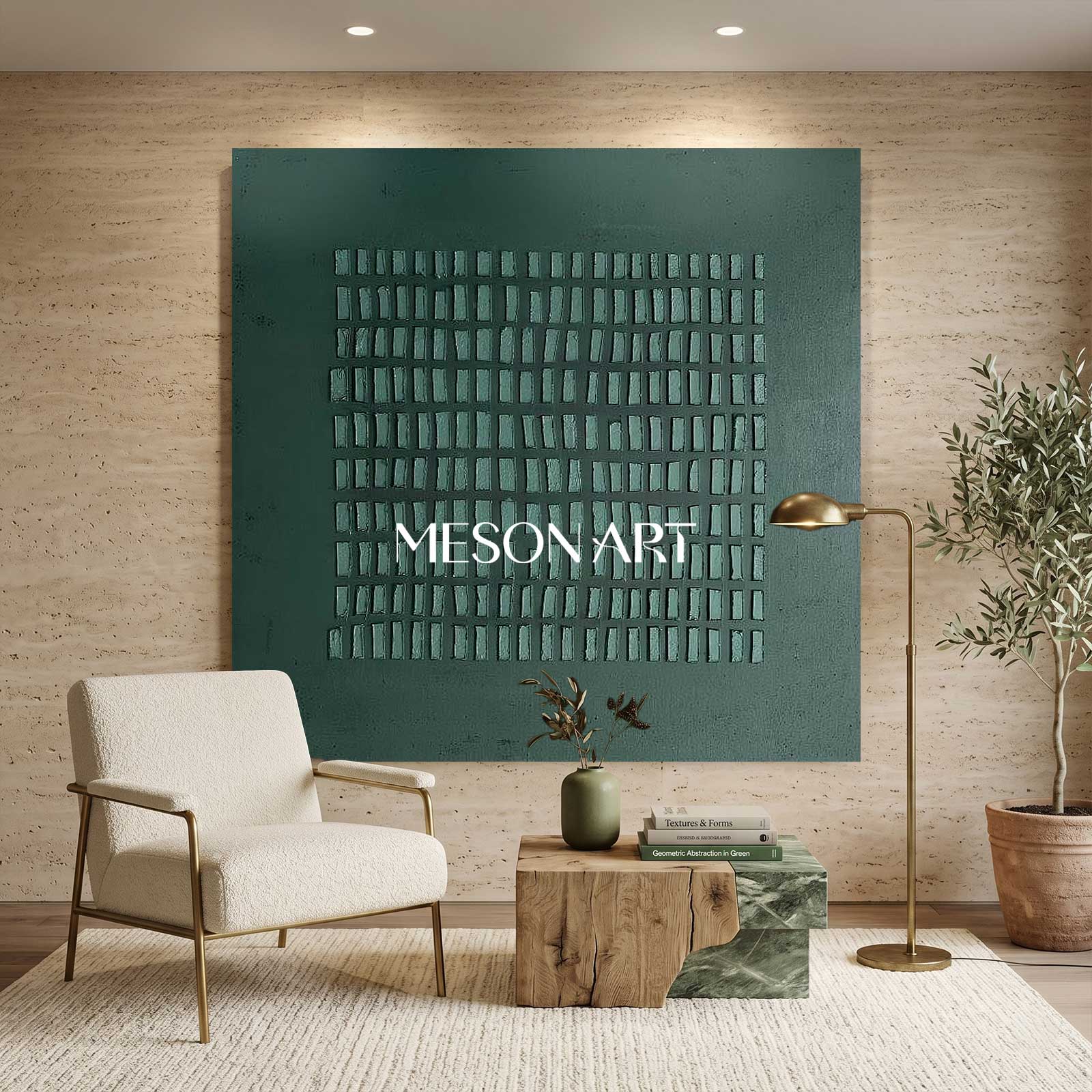 Wabi-Sabi Wall Art Dark Green Textured Grid Abstract Painting