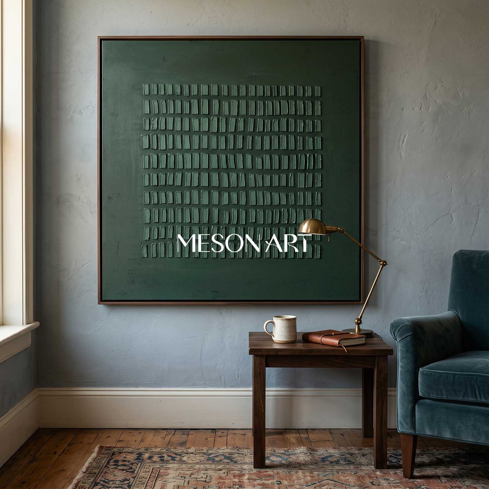 Wabi-Sabi Wall Art Dark Green Textured Grid Abstract Painting