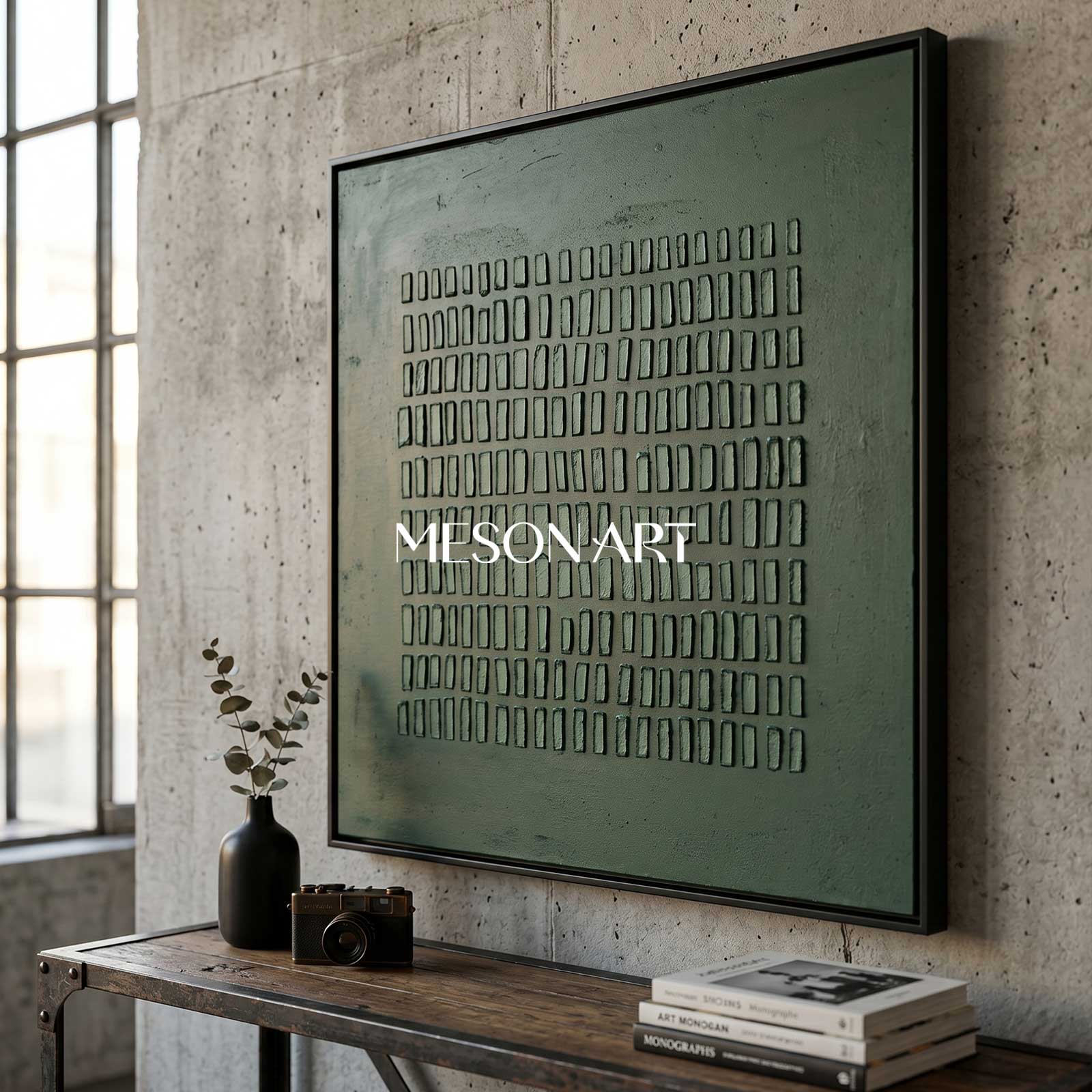 Wabi-Sabi Wall Art Dark Green Textured Grid Abstract Painting