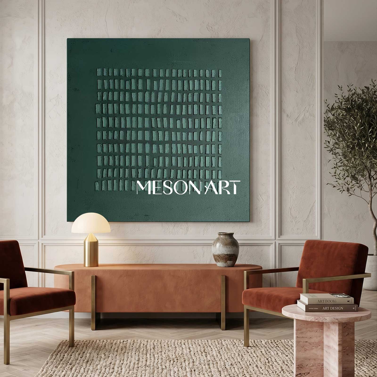 Wabi-Sabi Wall Art Dark Green Textured Grid Abstract Painting