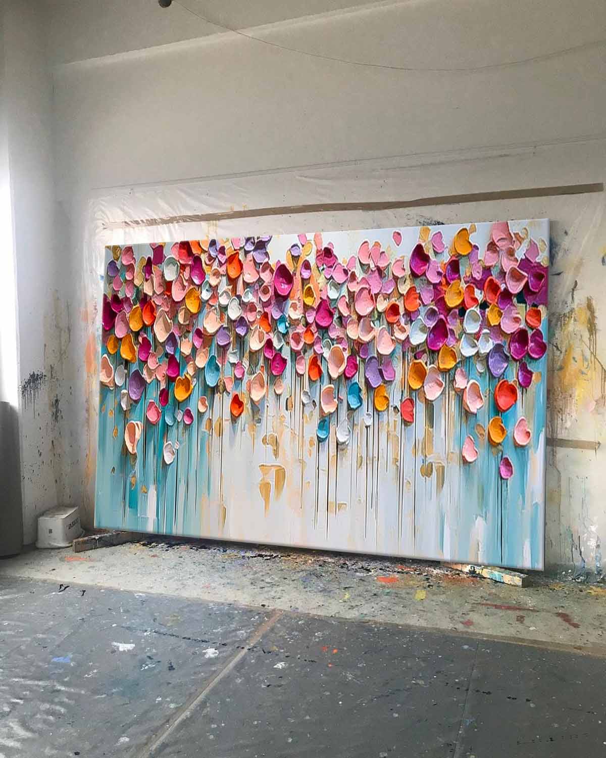 Colorful Petal Drip Impasto Canvas Wall Art