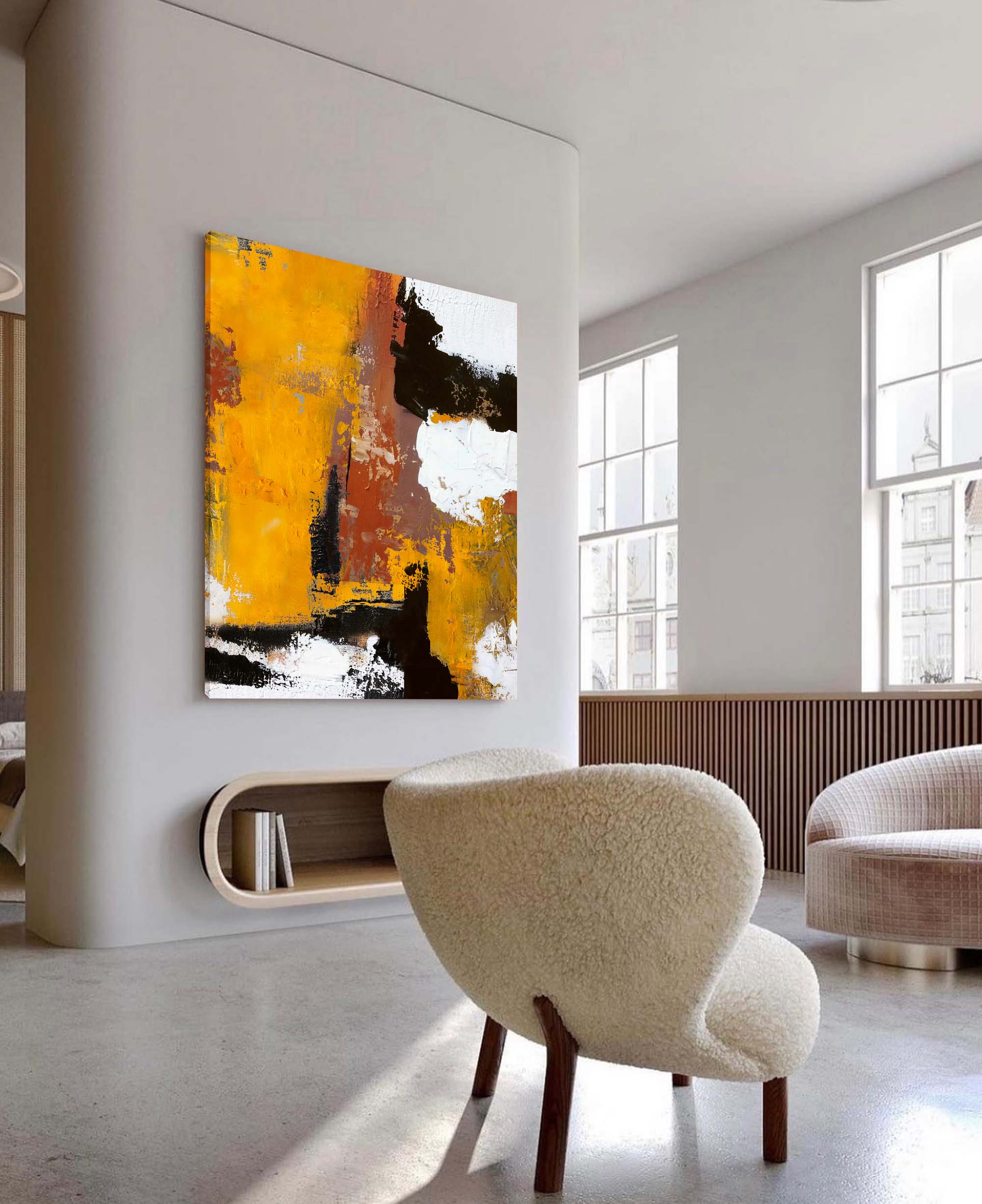 Ochre Black White Textured Abstract Wall Art