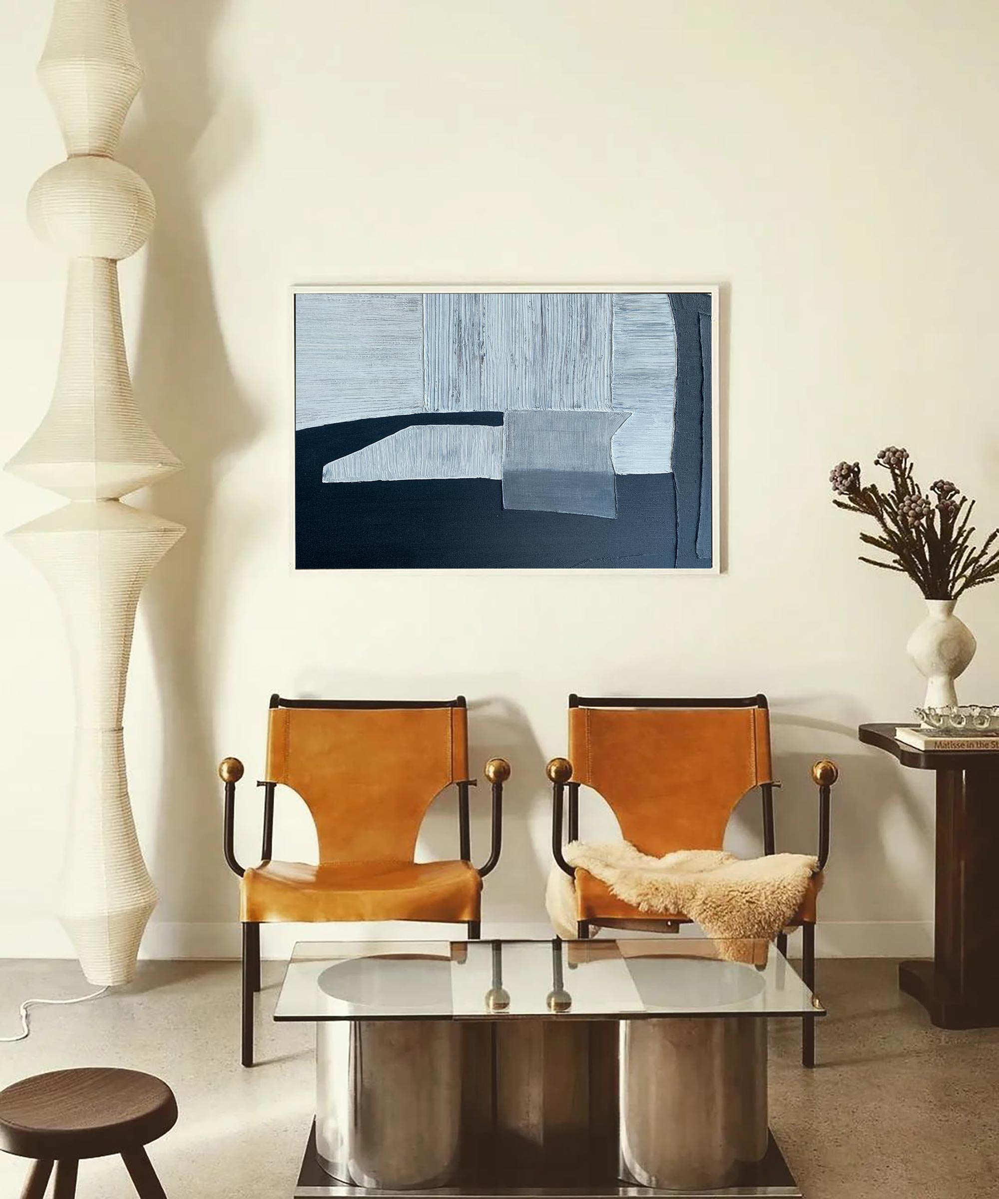 Navy‑Blue‑Grey Horizontal Block‑Shape Impasto‑Textured Artwork