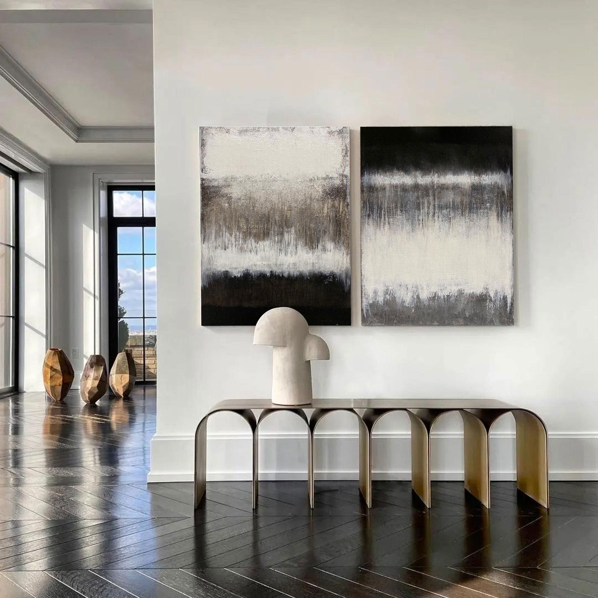 Black‑White‑Taupe Vertical 2‑Panel Gradient‑Textured Artwork